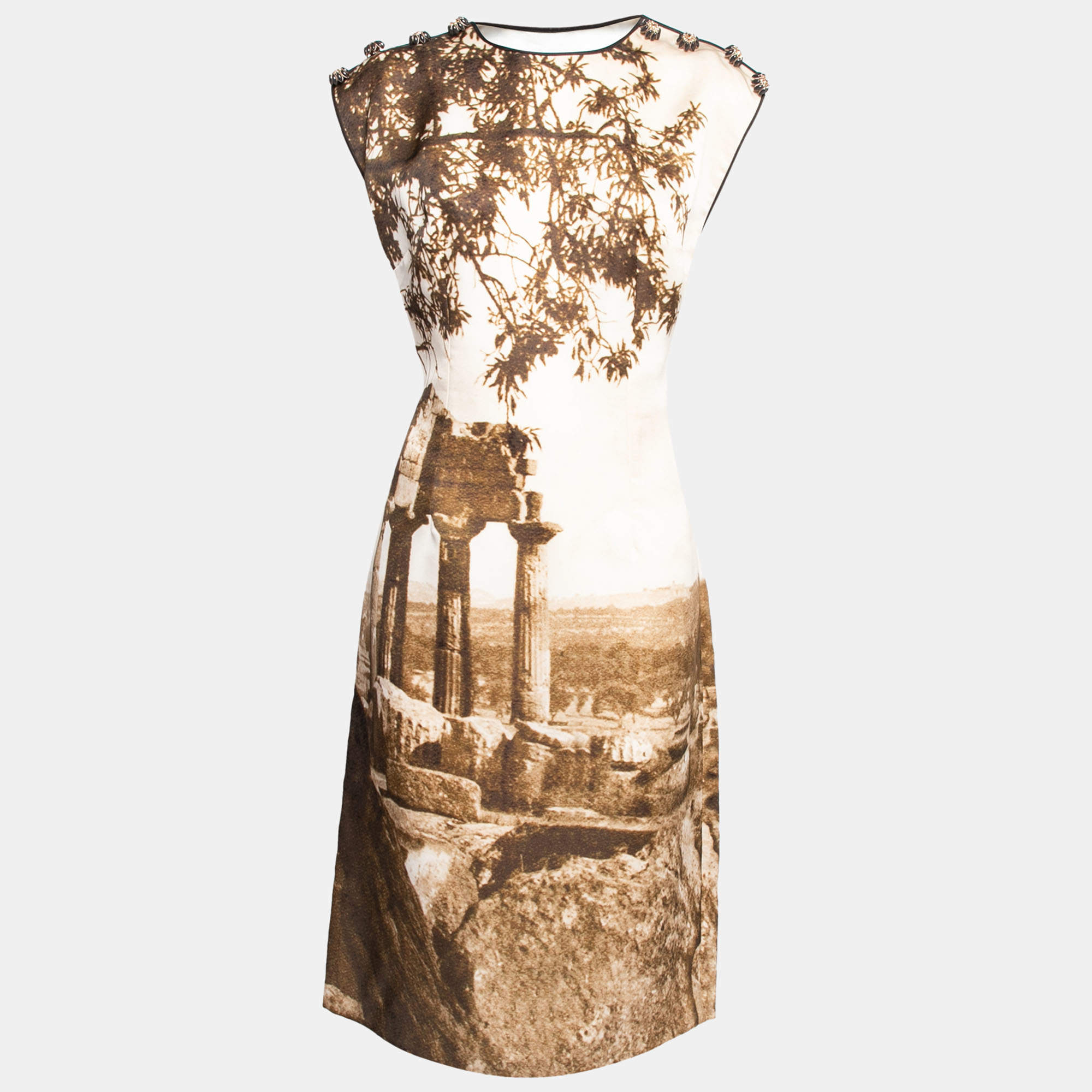 Pre Owned Dolce & Gabbana Brown Printed Silk Button Detail Sleeveless Dress M