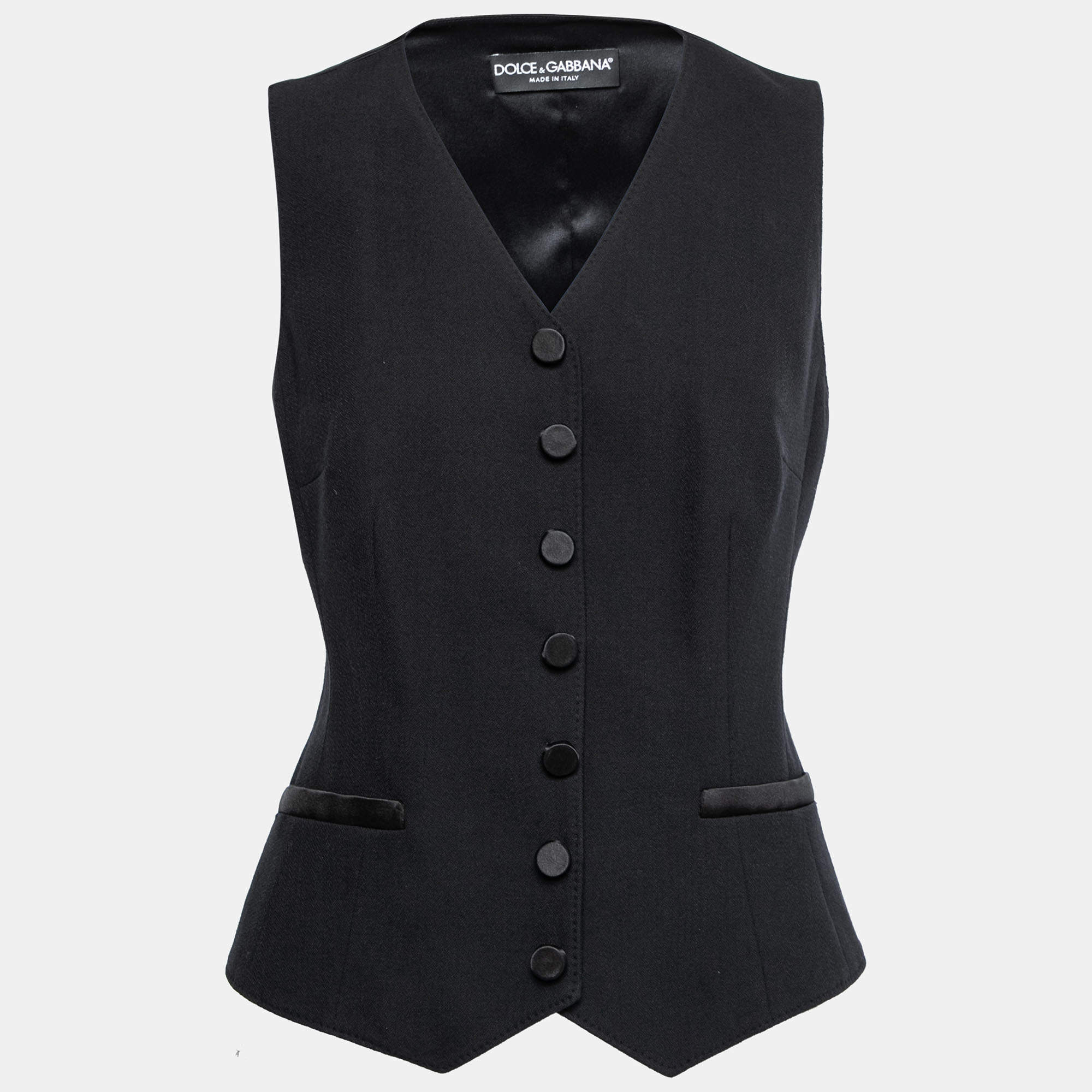 Pre Owned Dolce & Gabbana Black Wool & Silk Satin Button Front Waistcoat M