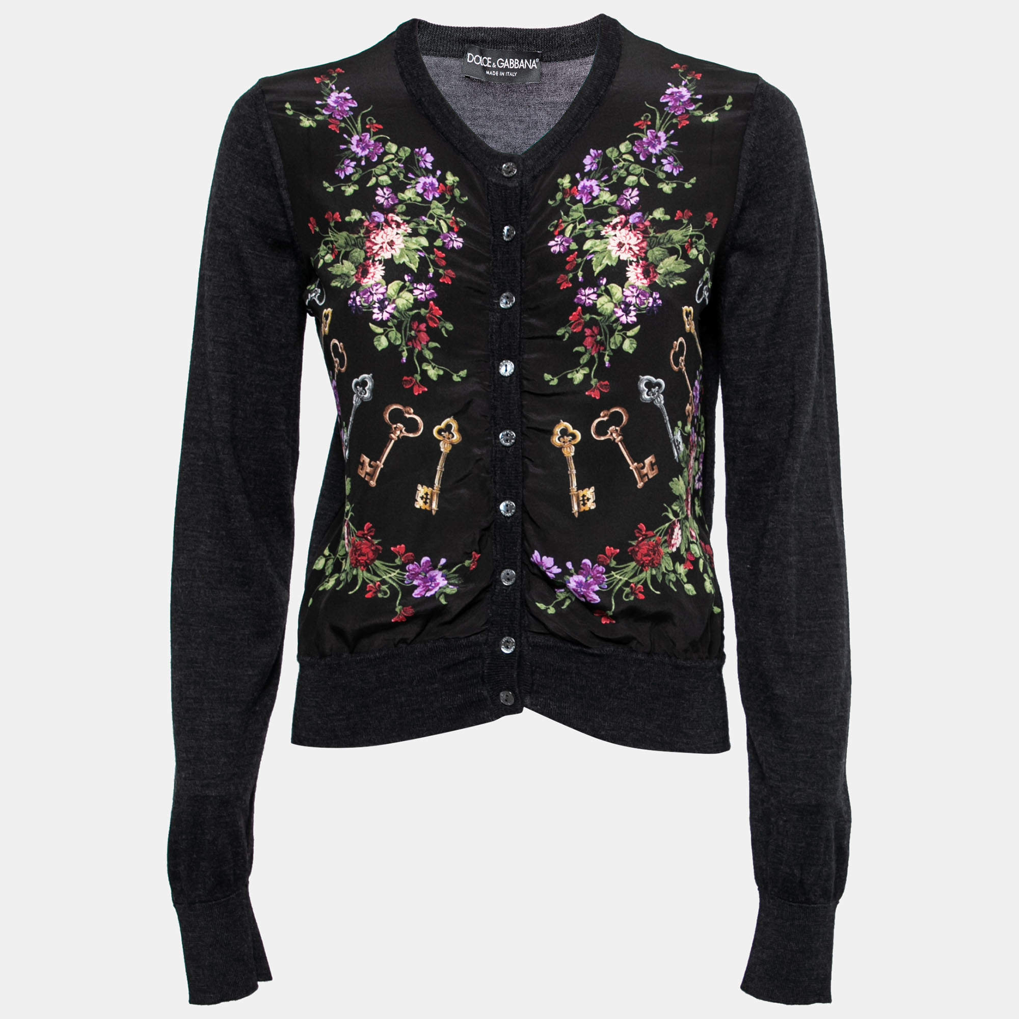 Pre Owned Dolce & Gabbana Black Floral Printed Silk & Wool Ruched Cardigan M