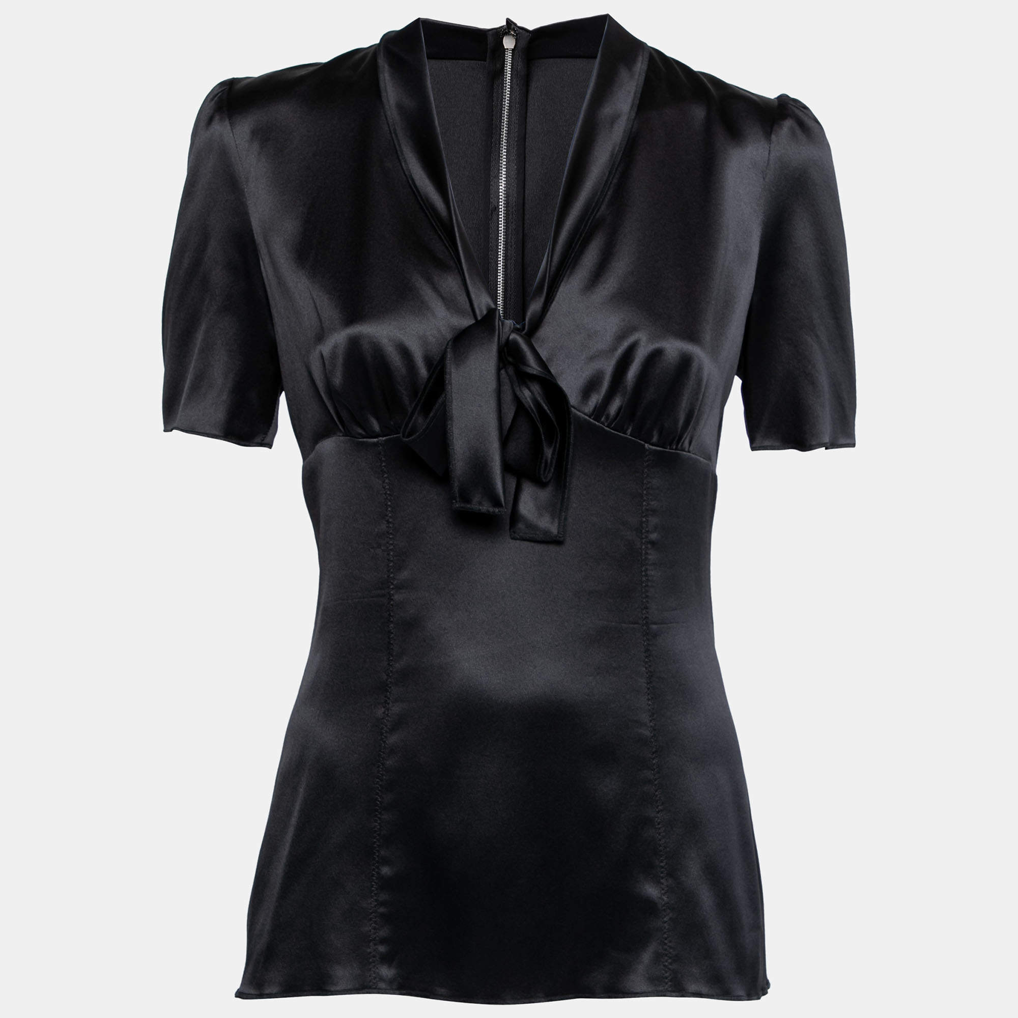 Pre Owned Dolce & Gabbana Black Silk Satin Short Sleeve Blouse M