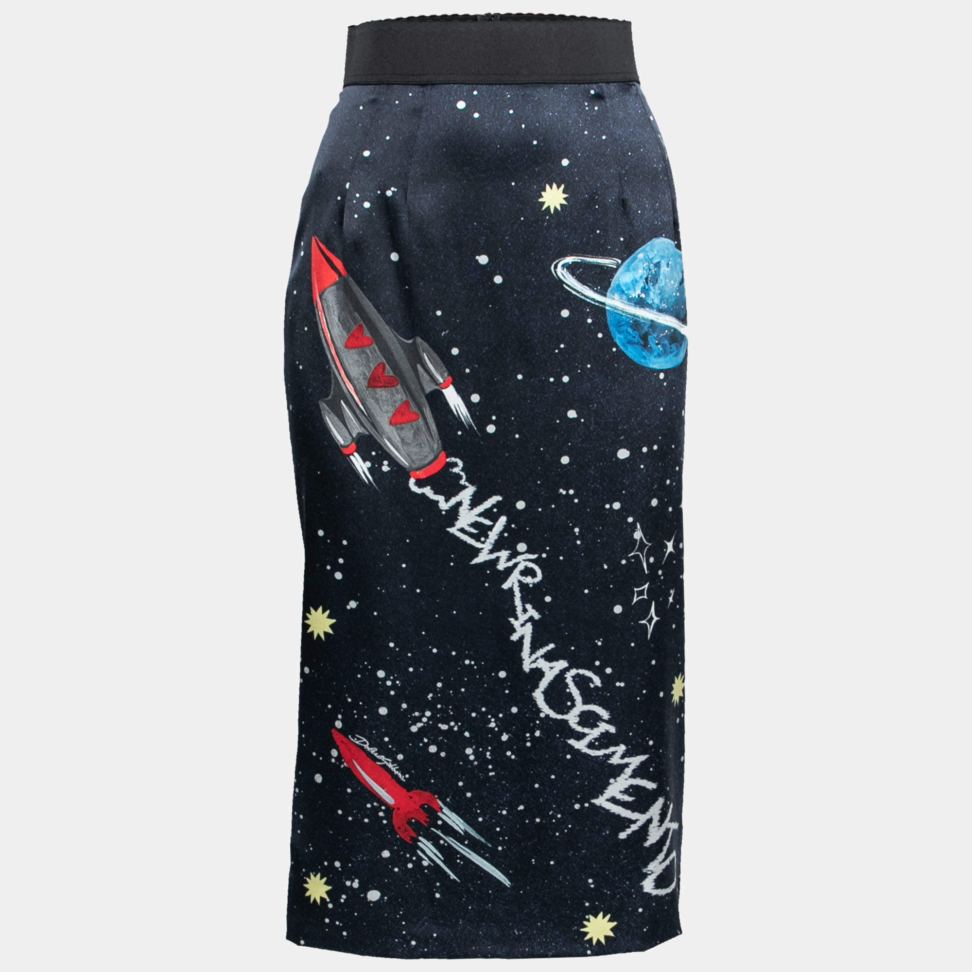 Pre Owned Dolce & Gabbana Midnight Blue Galaxy Printed Silk Knee Length Skirt M