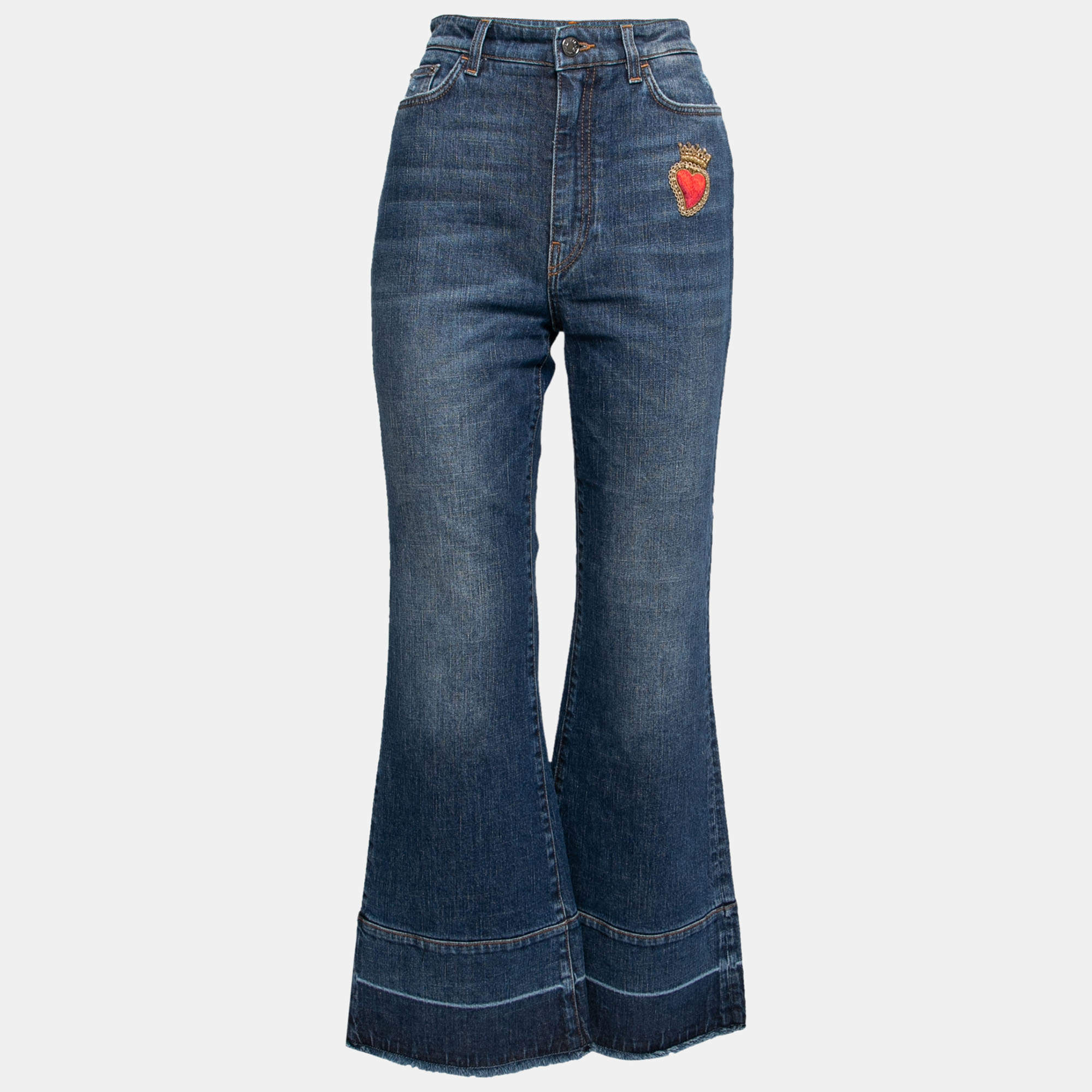 مملوكة مسبقًا بنطلون جينز واسع دولتشي أند غابانا دينم أزرق مطرز قلب بشراشيب مقاس وسط ( ميديوم )