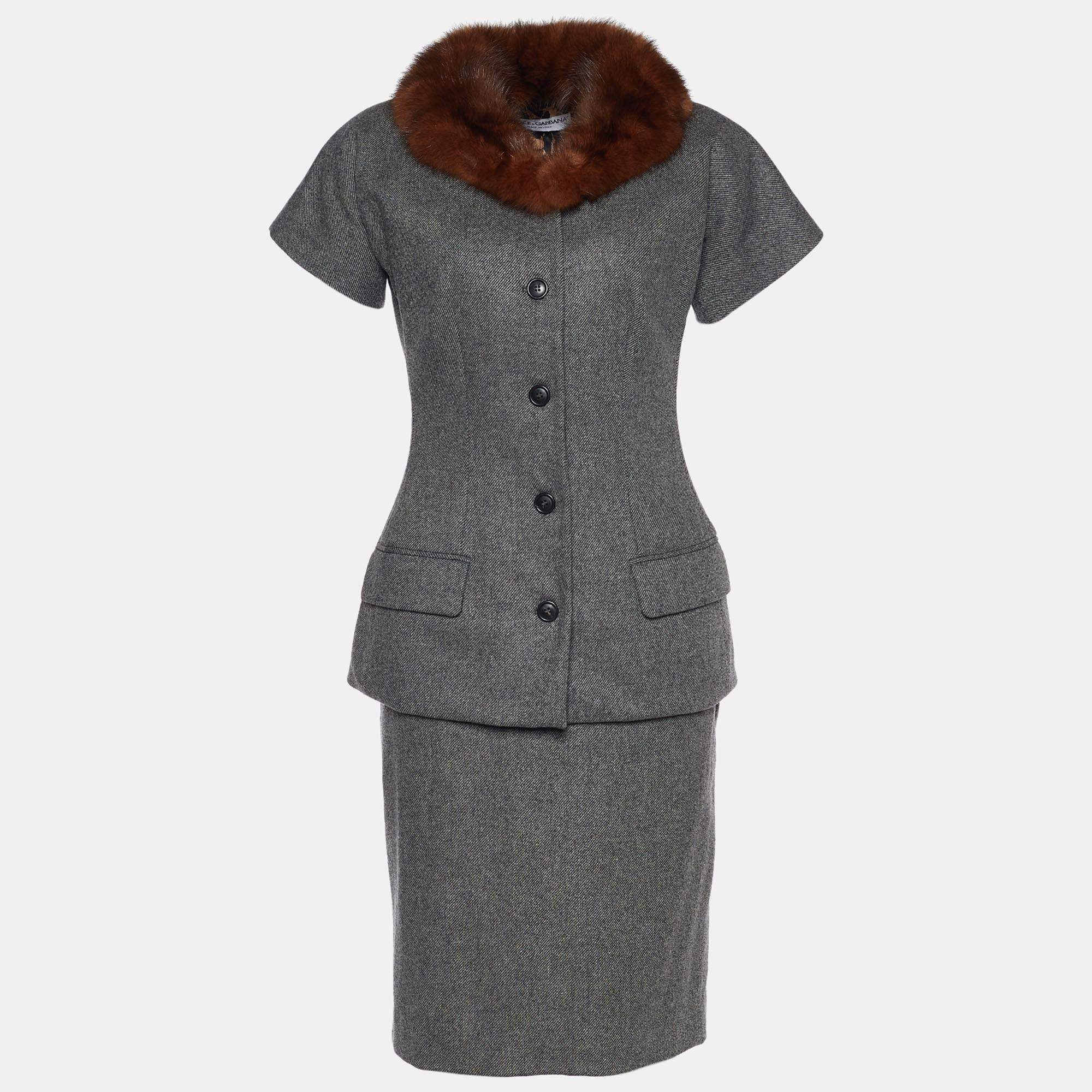 Pre Owned Dolce & Gabbana Vintage Grey Wool Blend Skirt Suit M