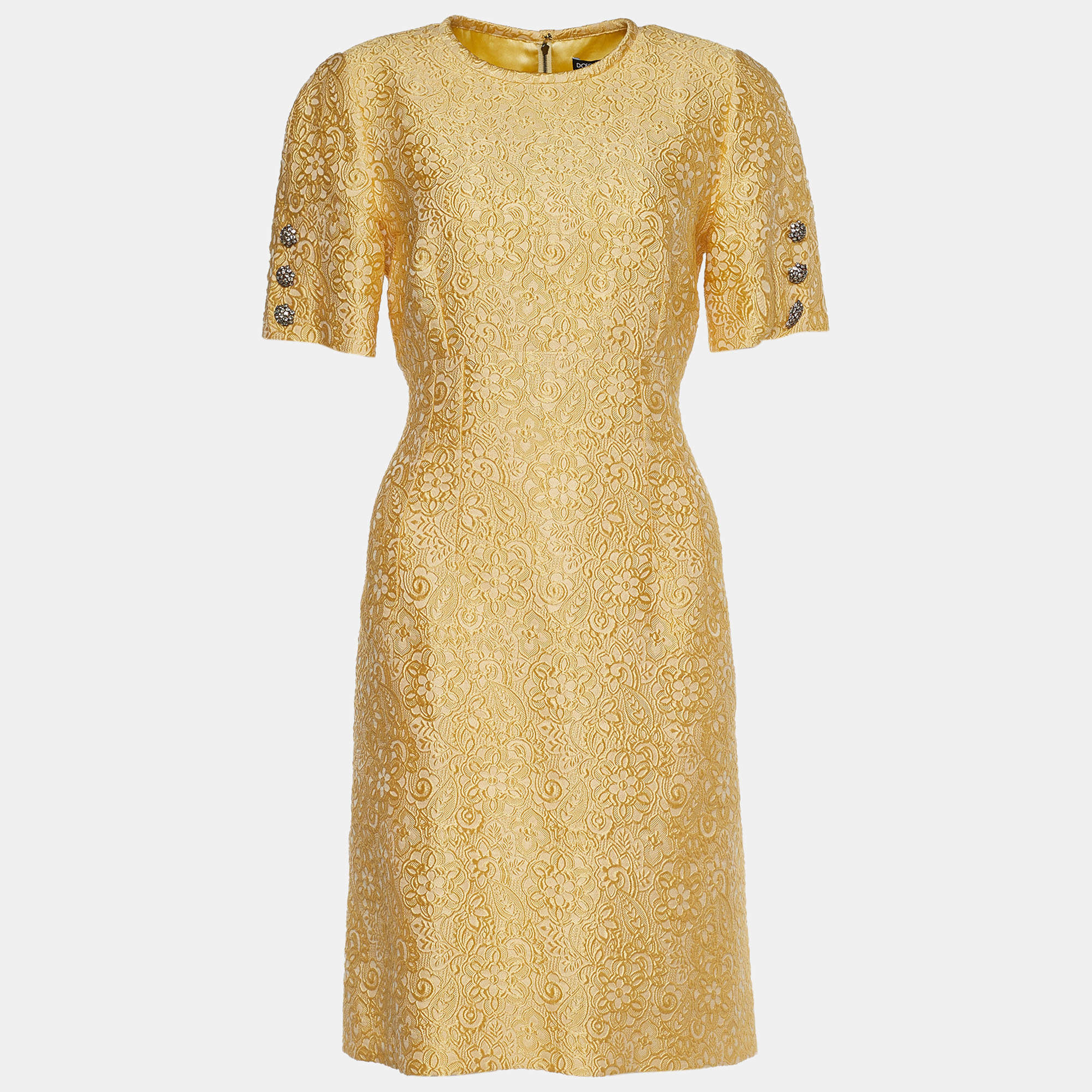 Pre Owned Dolce & Gabbana Pale Yellow Floral Jacquard Mini Dress M