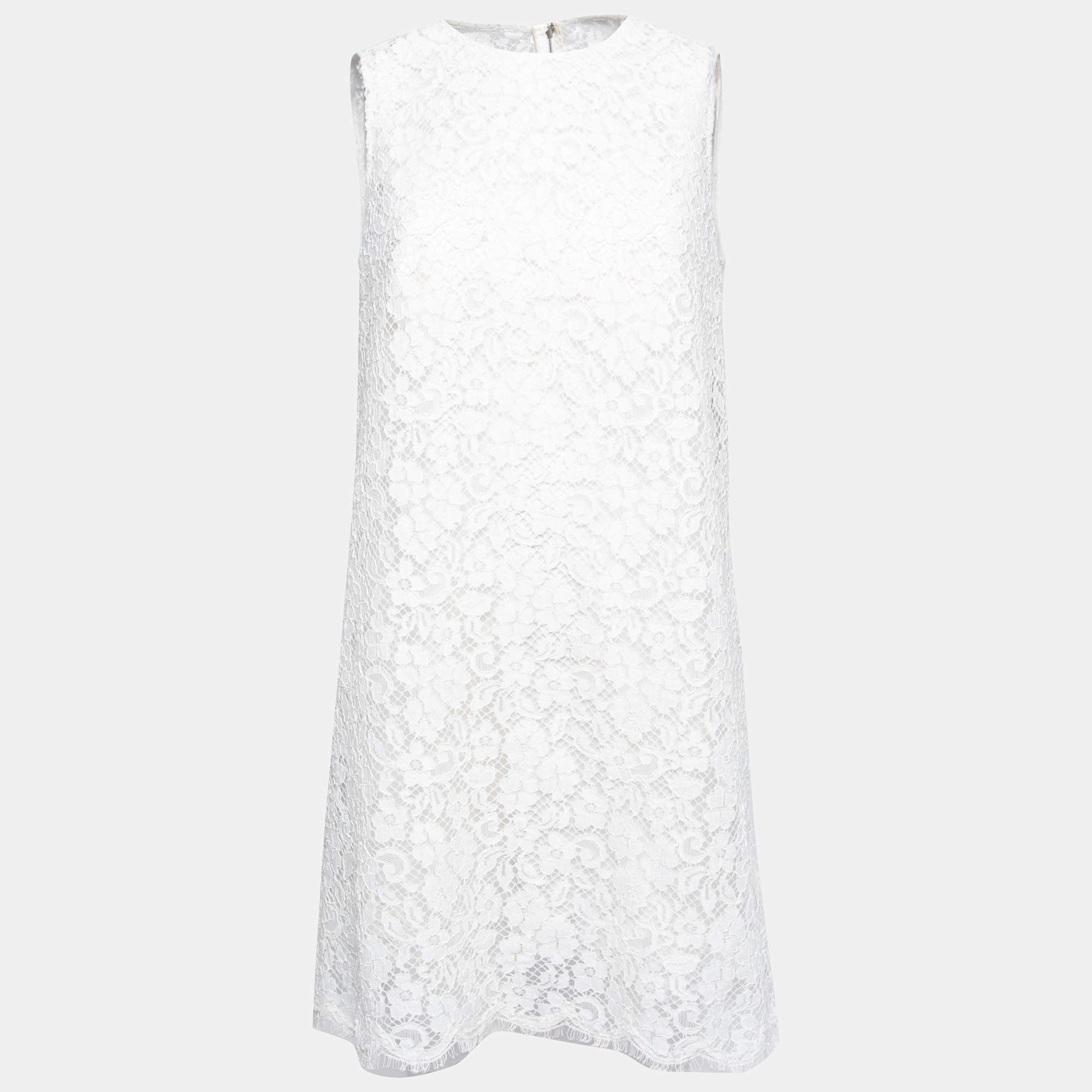 Pre Owned Dolce & Gabbana White Lace Scalloped Hem Detail Sleeveless Dress L