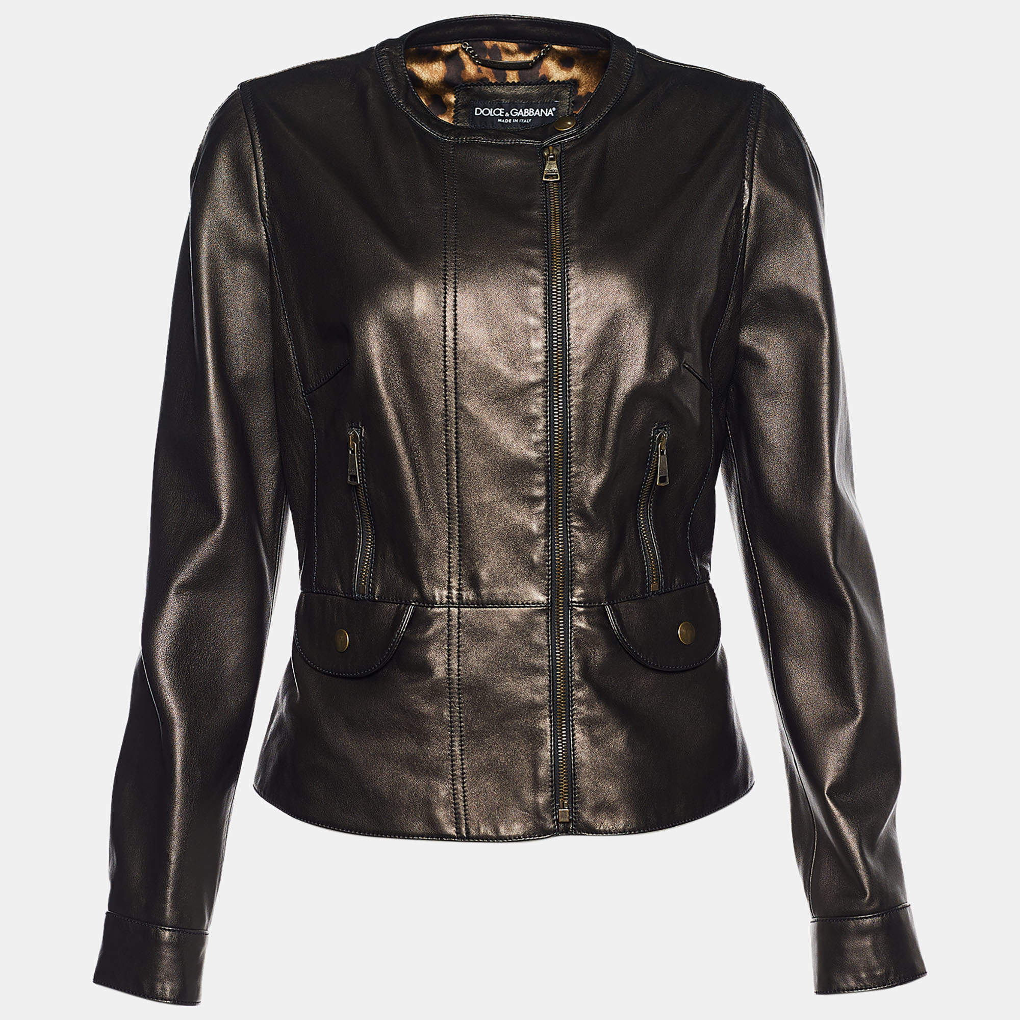 مملوكة مسبقًا جاكيت دولتشي أند غابانا جلد ميتالك بني بسحاب أمامي مقاس وسط ( ميديوم )