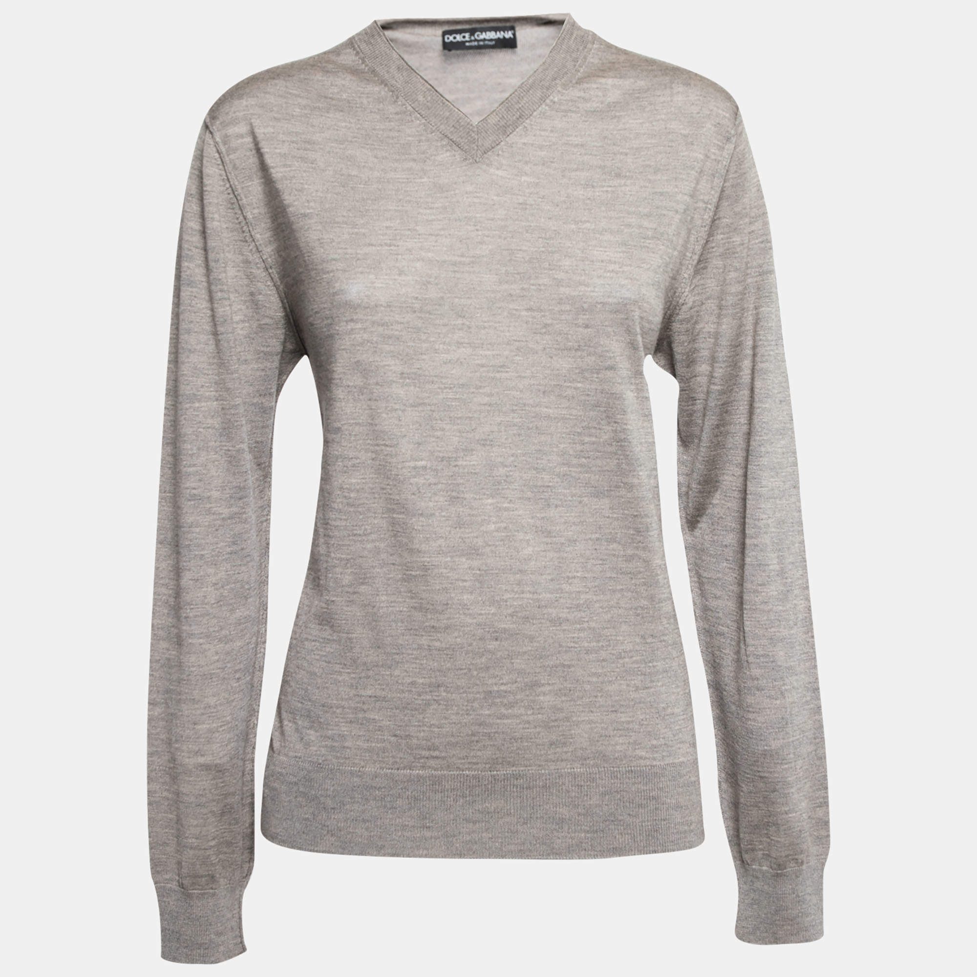 Pre Owned Dolce & Gabbana Grey Cashmere V Neck Long Sleeve Sweater L