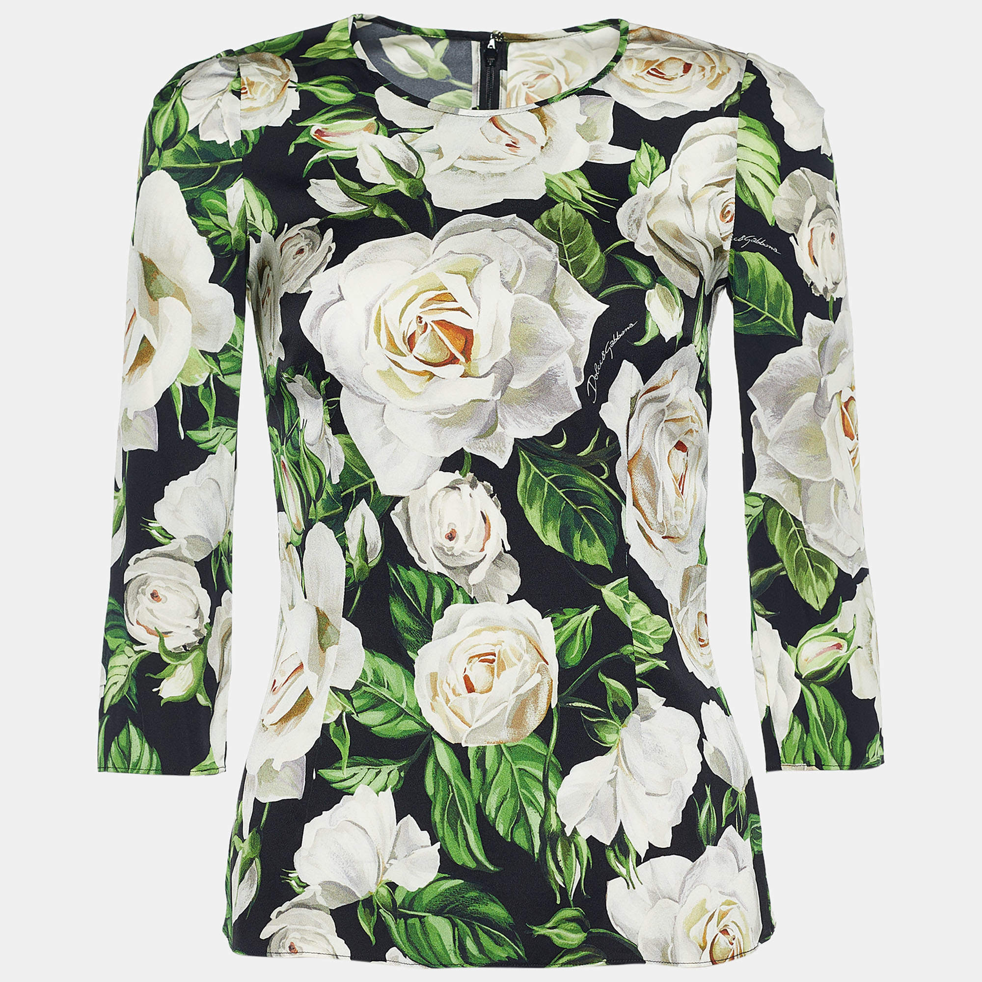 Pre Owned Dolce & Gabbana Monochrome Floral Print Silk Blouse S