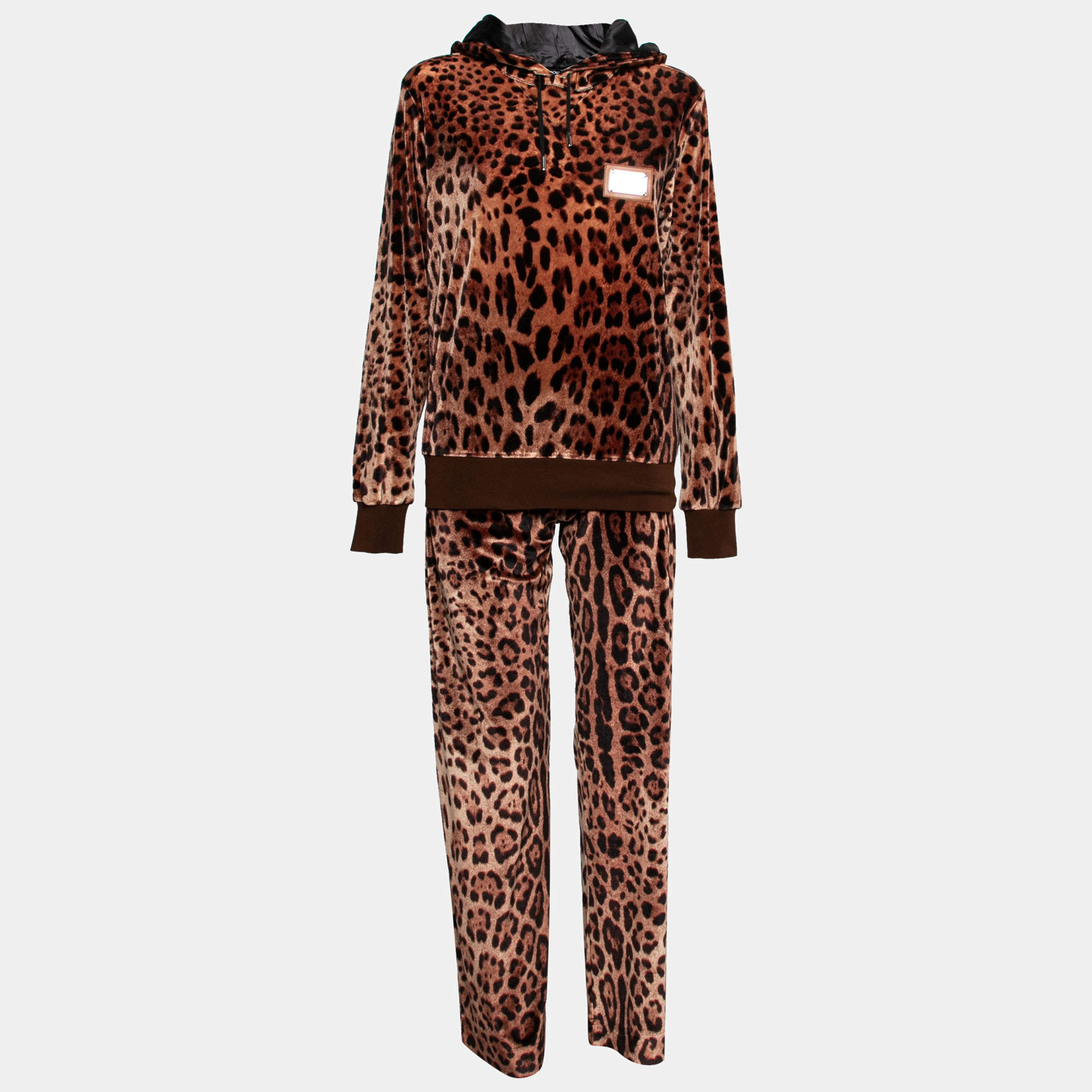 Pre Owned Dolce & Gabbana Brown Leopard Print Velvet Pants & Hoodie Set M
