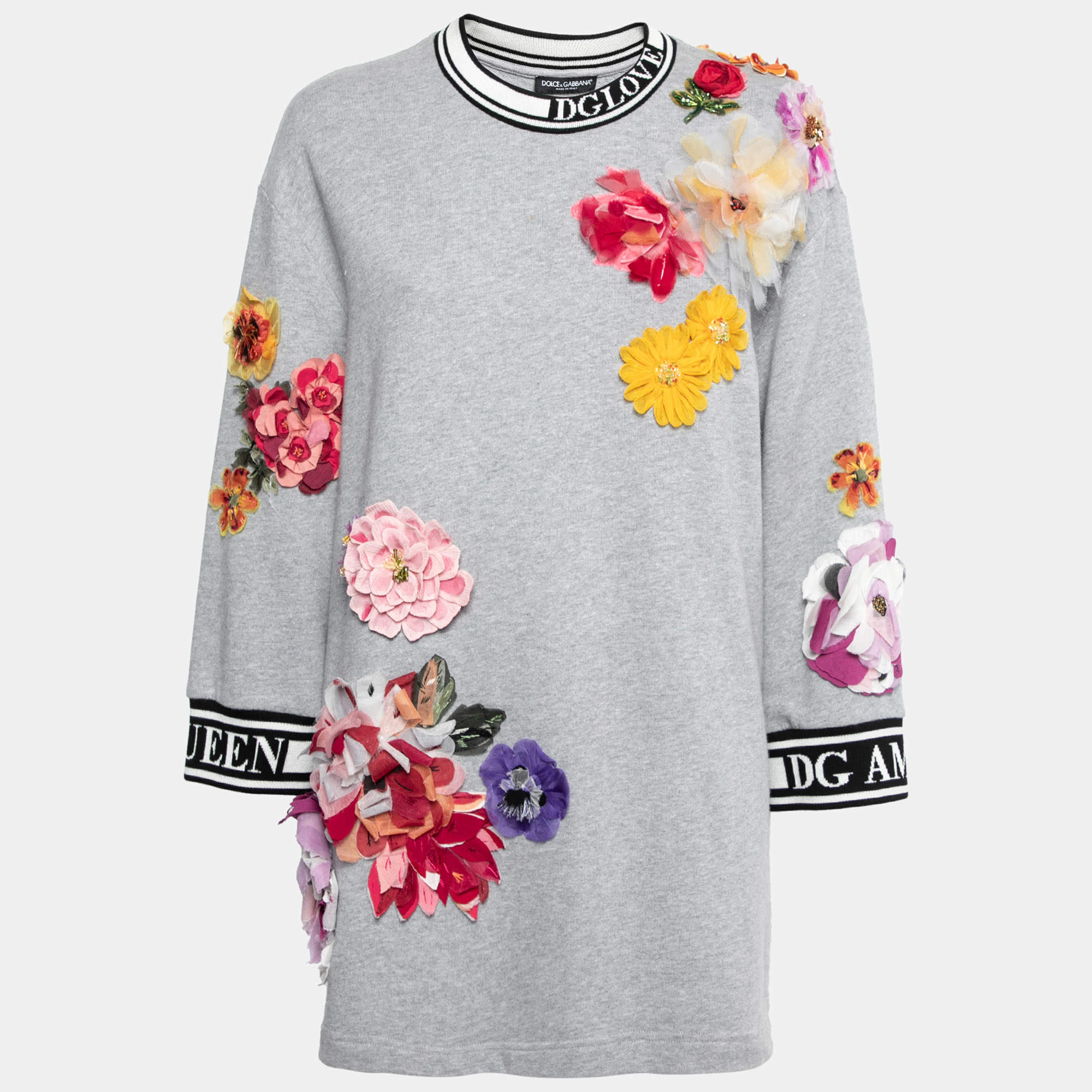 Pre Owned Dolce & Gabbana Grey Cotton Floral Appliqued Crewneck Pullover S