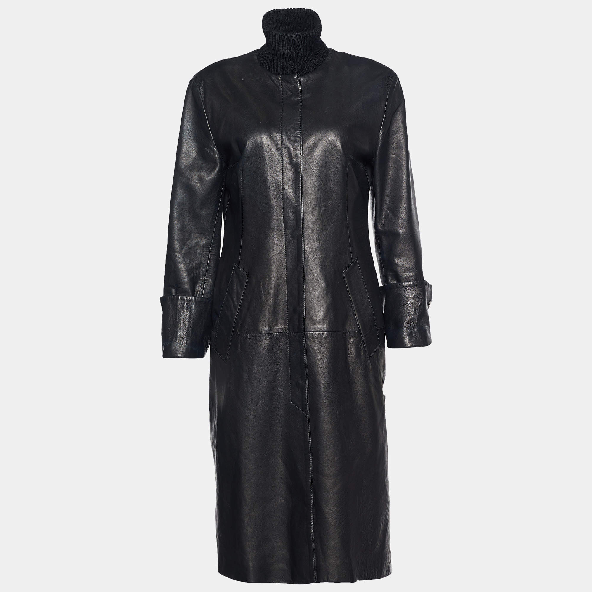 Pre Owned Dolce & Gabbana Vintage Black Leather RIbbed Collar Long Coat M