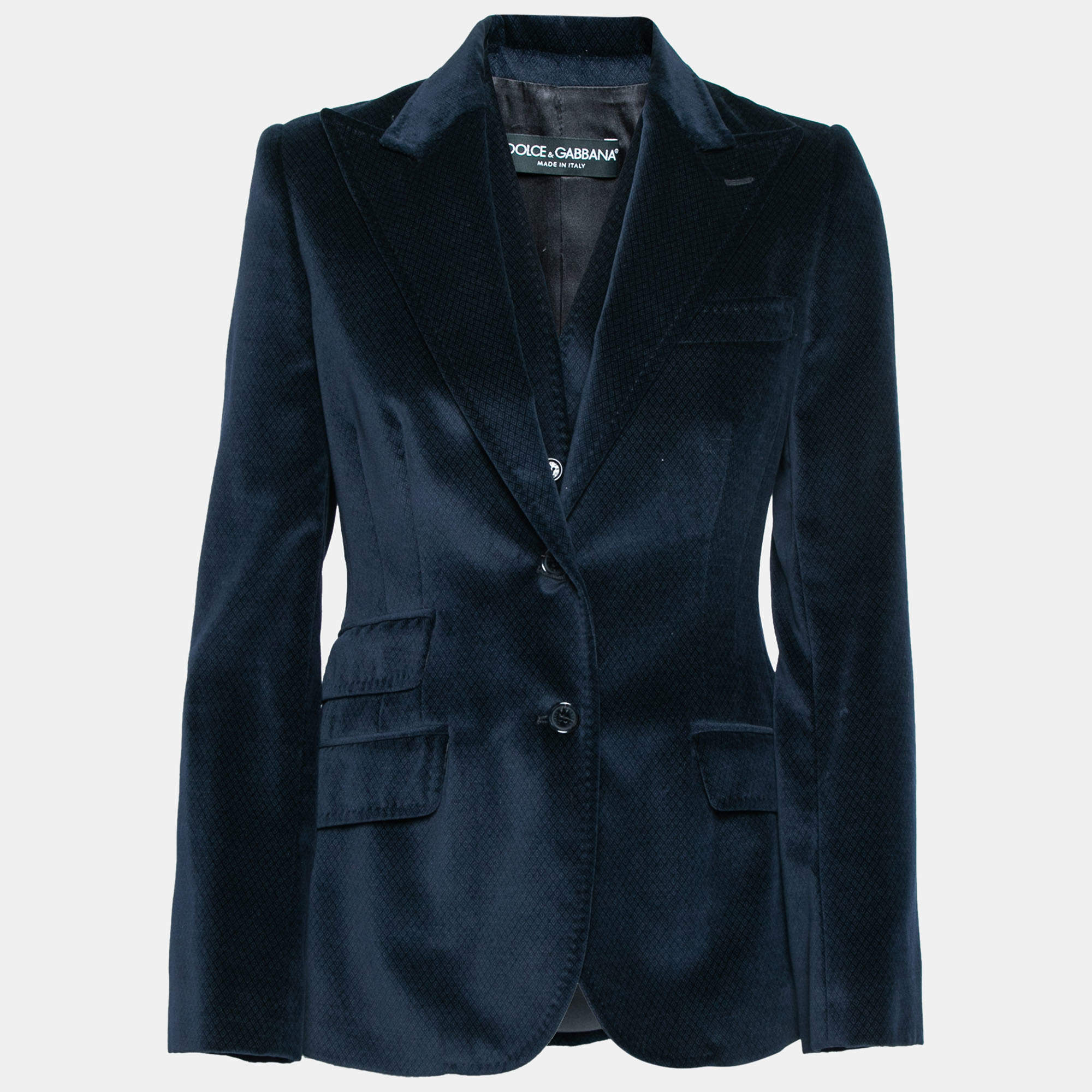 Pre Owned Dolce & Gabbana Navy Blue Patterned Velvet Waistcoat & Blazer Set S/M