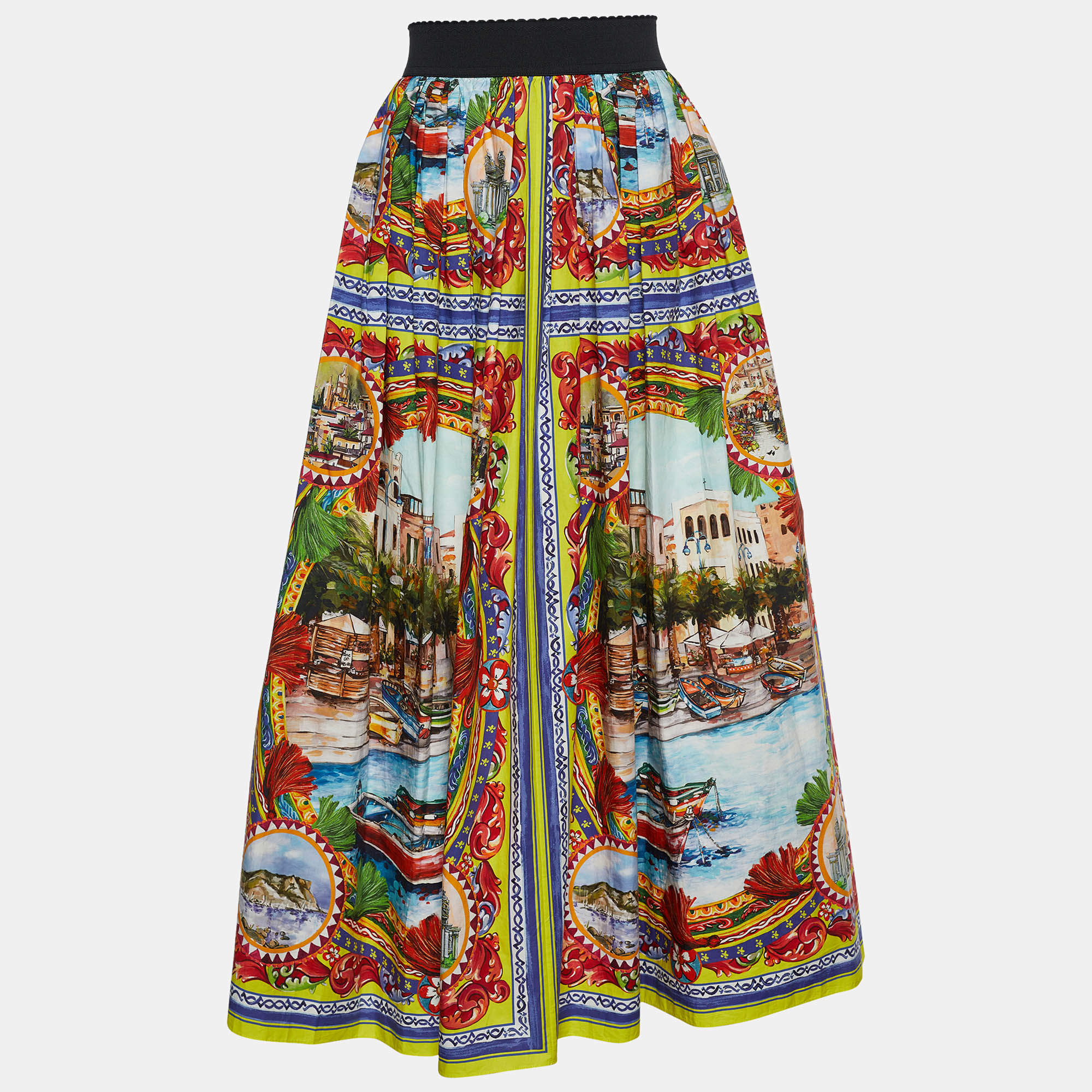 Pre Owned Dolce & Gabbana Multicolor Sicilian Postcard Printed Cotton Midi Skirt S