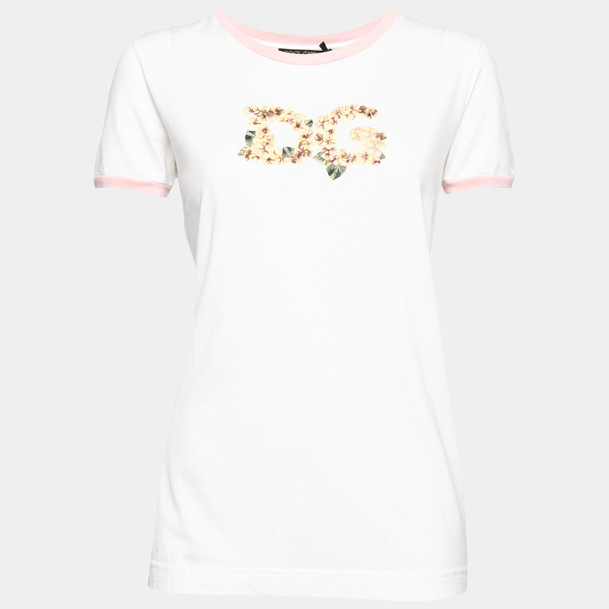 Pre Owned Dolce & Gabbana White Cotton Floral Logo Printed Short Sleeve T-Shirt M