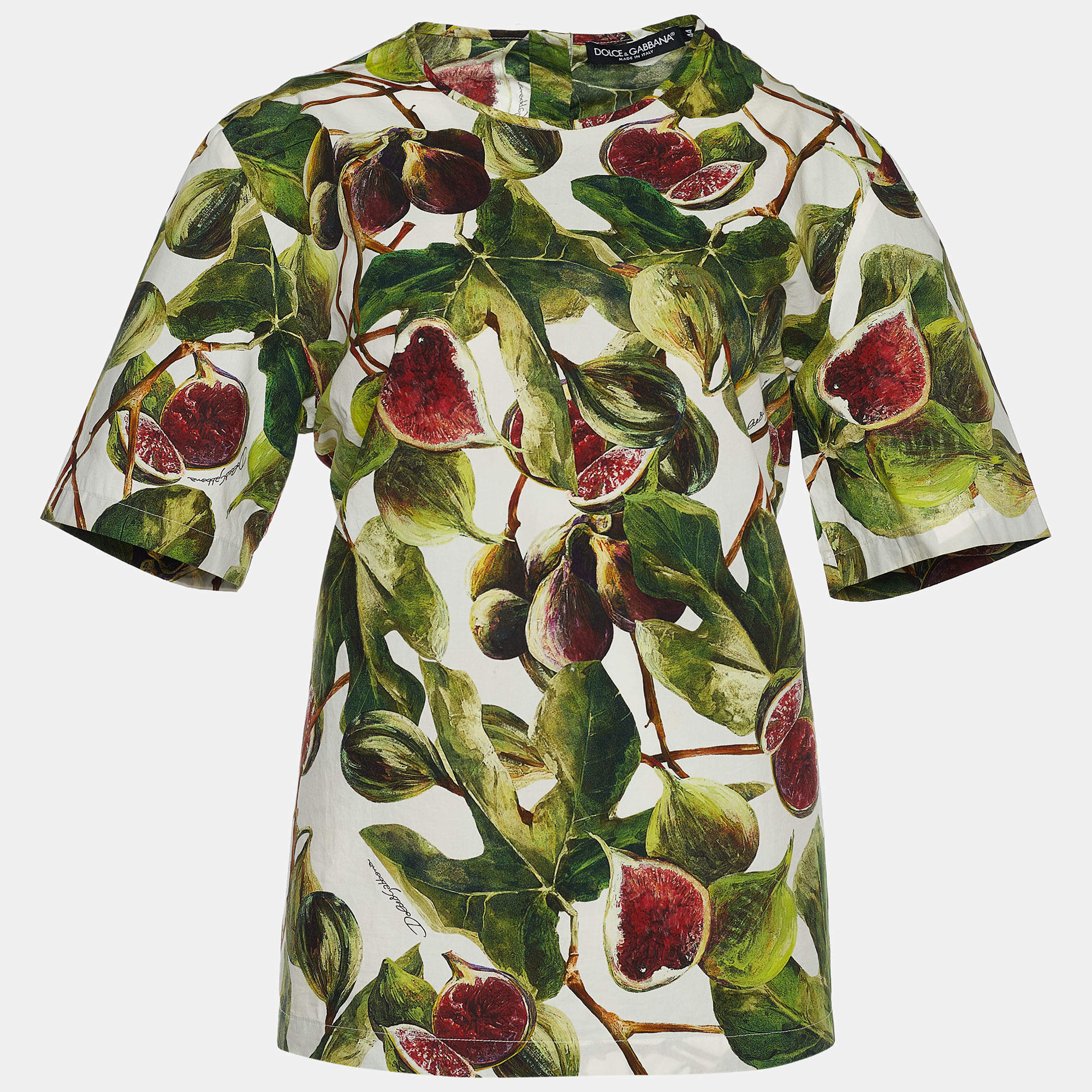 مملوكة مسبقًا  بلوزة دولتشي أند غابانا بوبلين بطبعة تين أبيض / أخضر مقاس متوسط - ميديوم