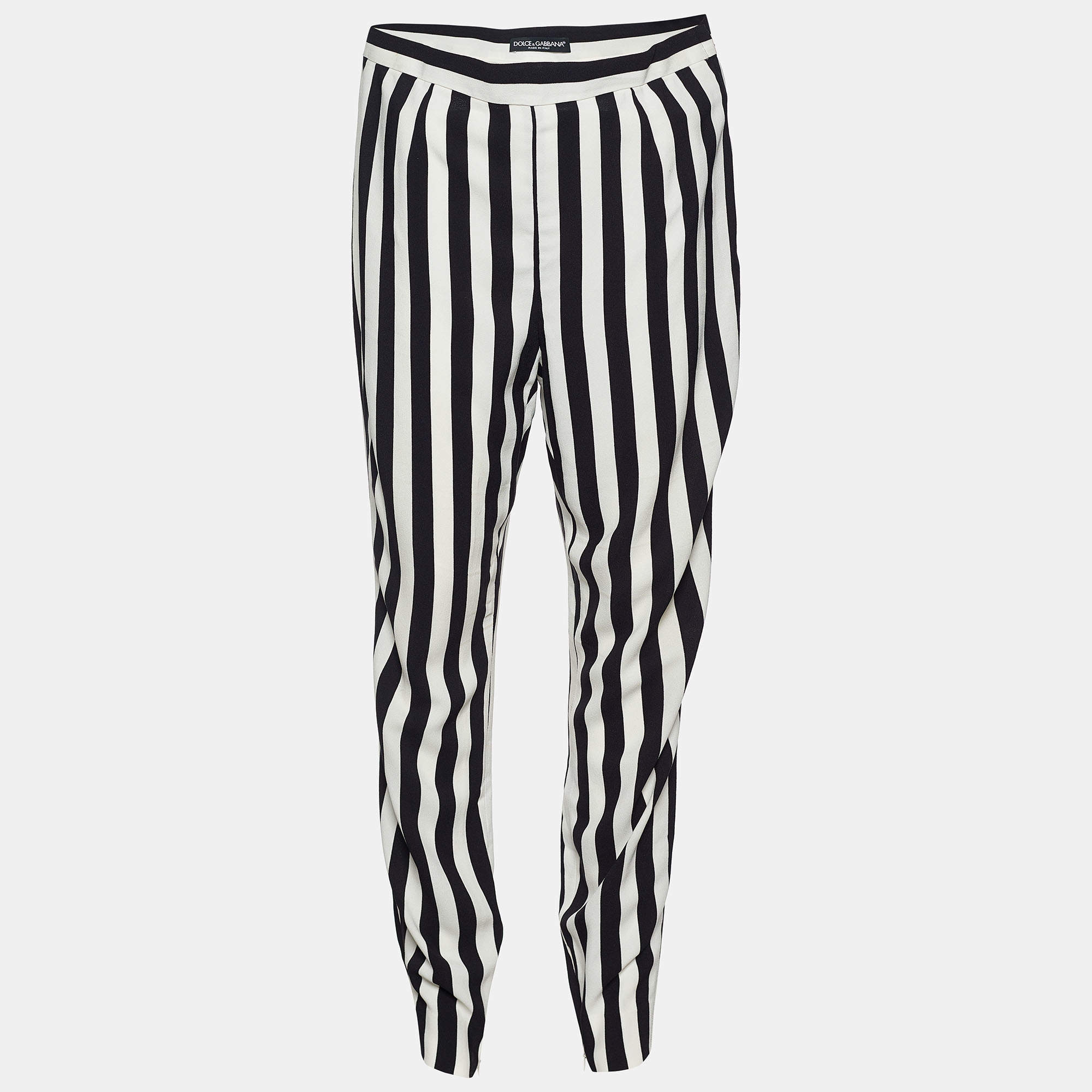 Pre Owned Dolce & Gabbana Monochrome Striped Crepe Tapered Trousers L