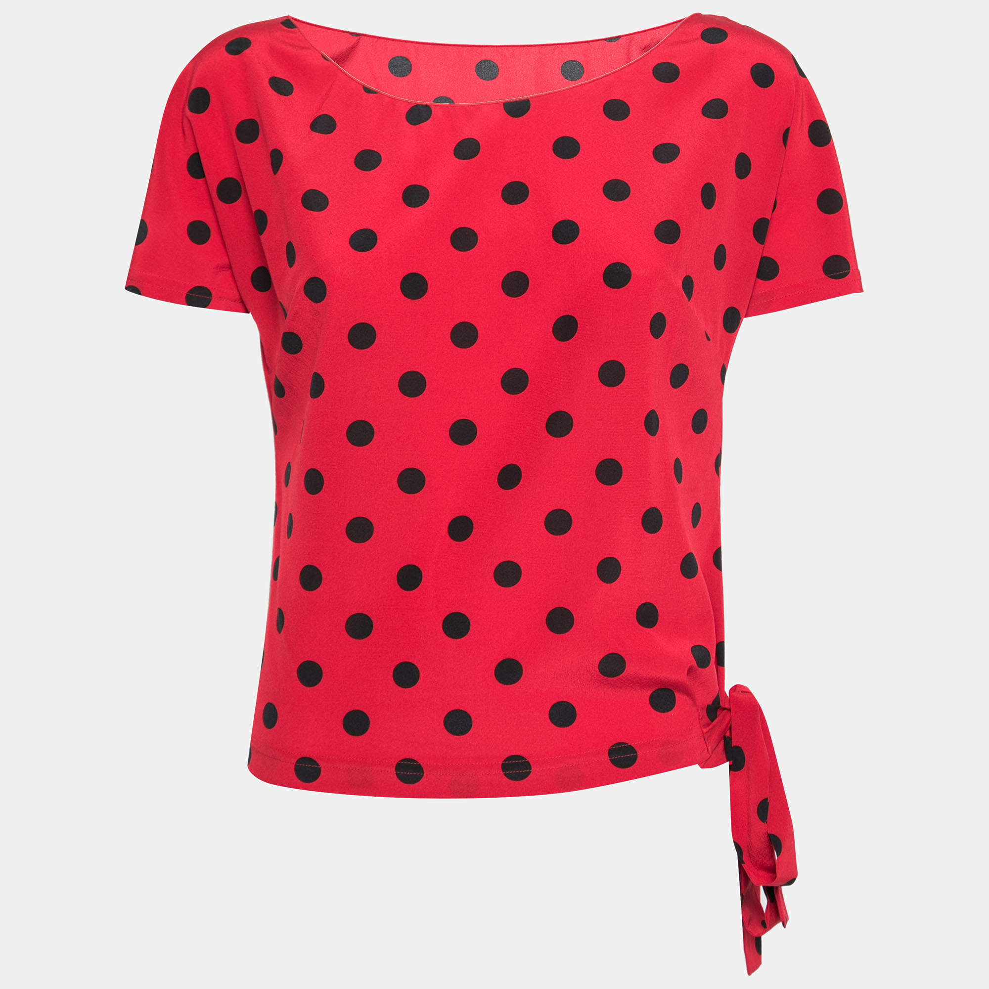 Pre Owned Dolce & Gabbana Red Polka Dot Printed Silk Tie Detail Top S