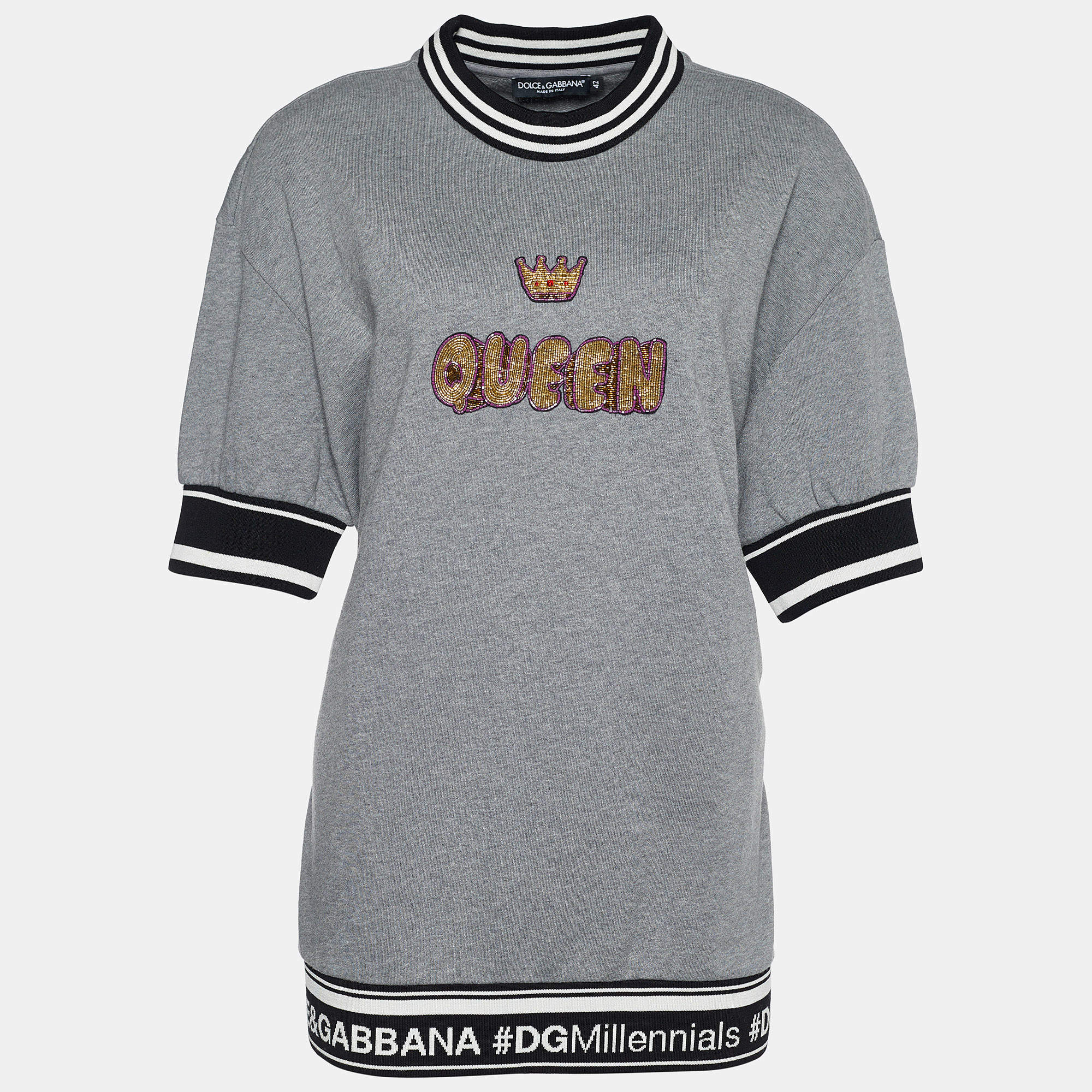 Pre Owned Dolce & Gabbana Grey Rib Knit Queen Embellished Sweatshirt M