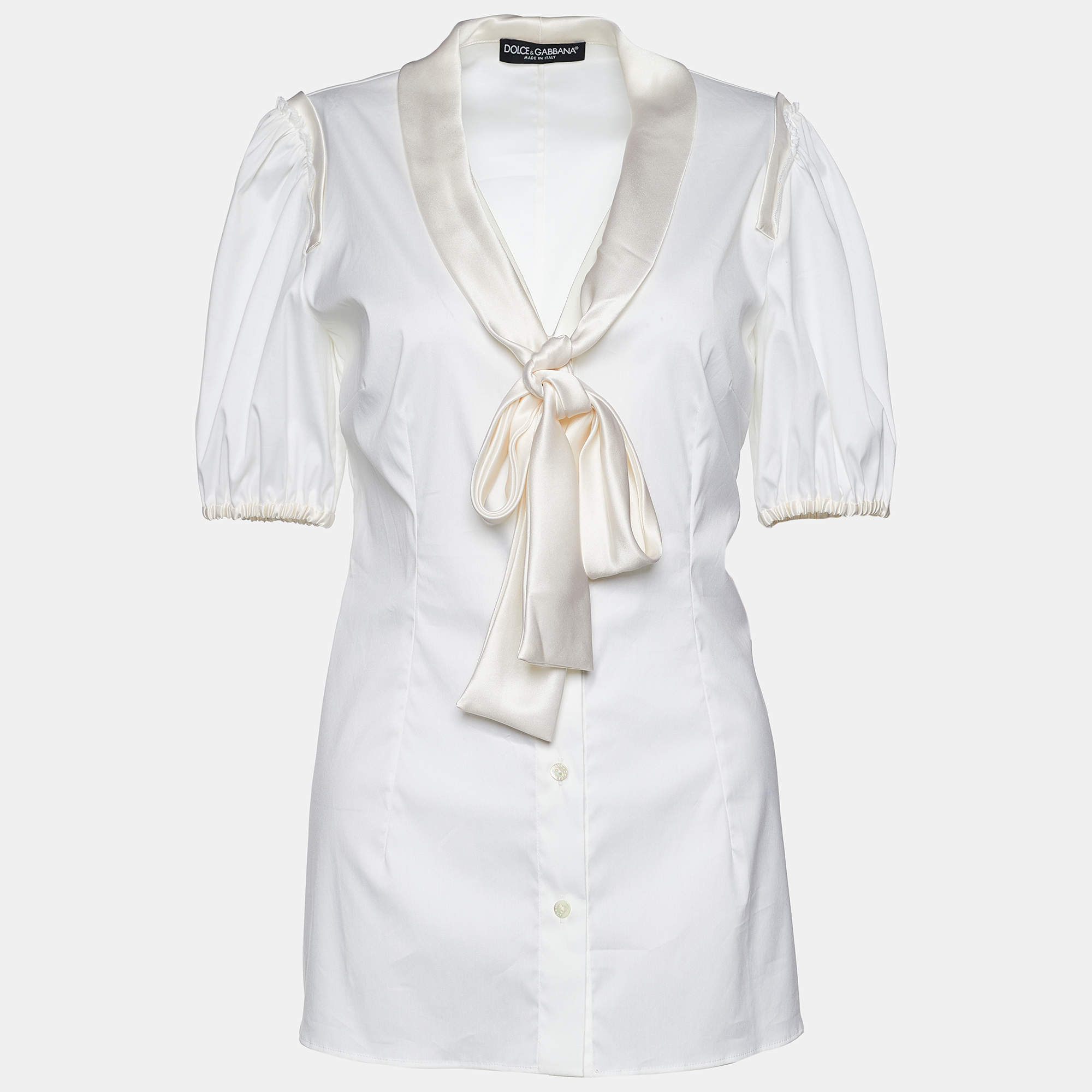 Pre Owned Dolce & Gabbana Off-White Poplin Bow Tie Blouse M