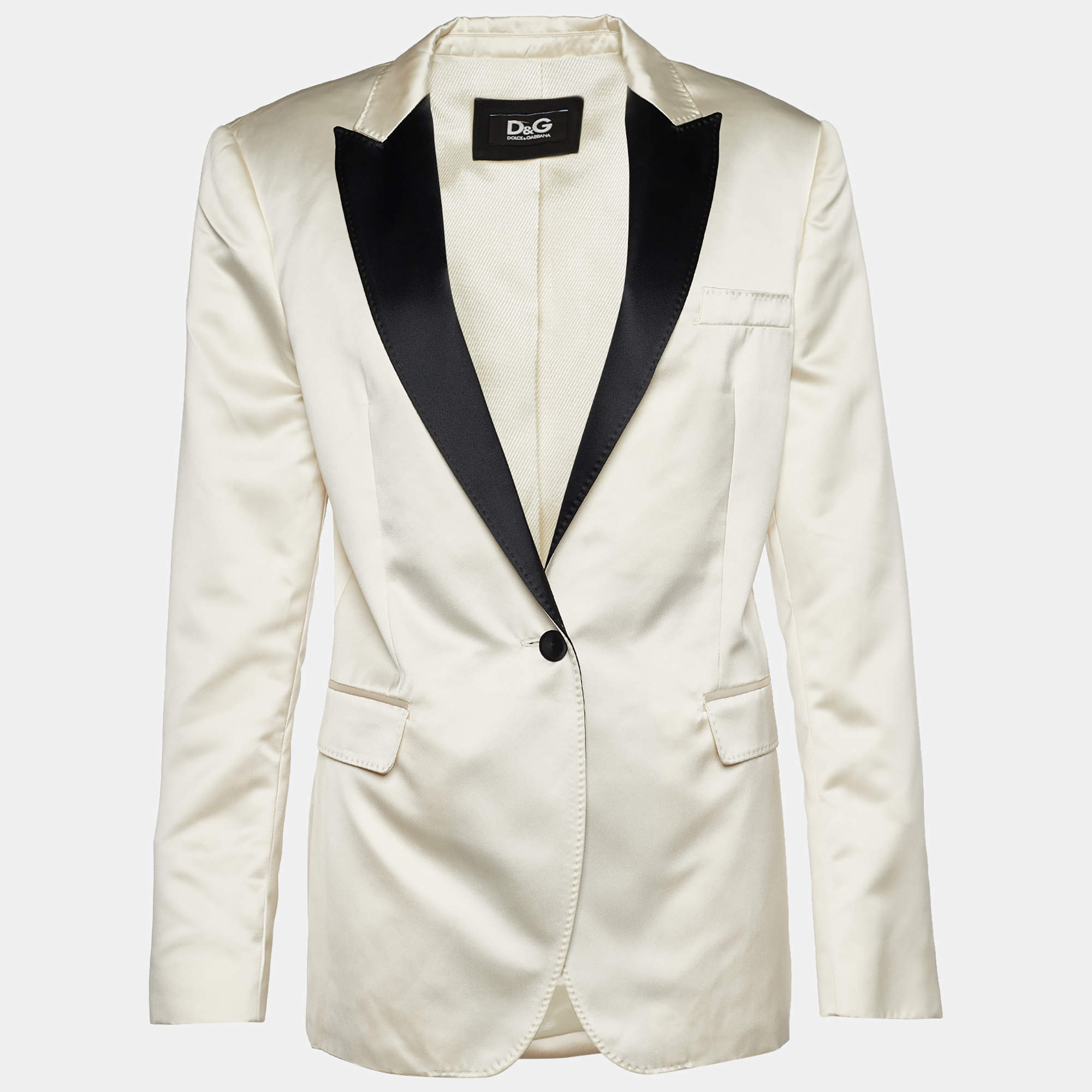 D&G Off White Satin Contrast Lapel Single Breasted Blazer M
