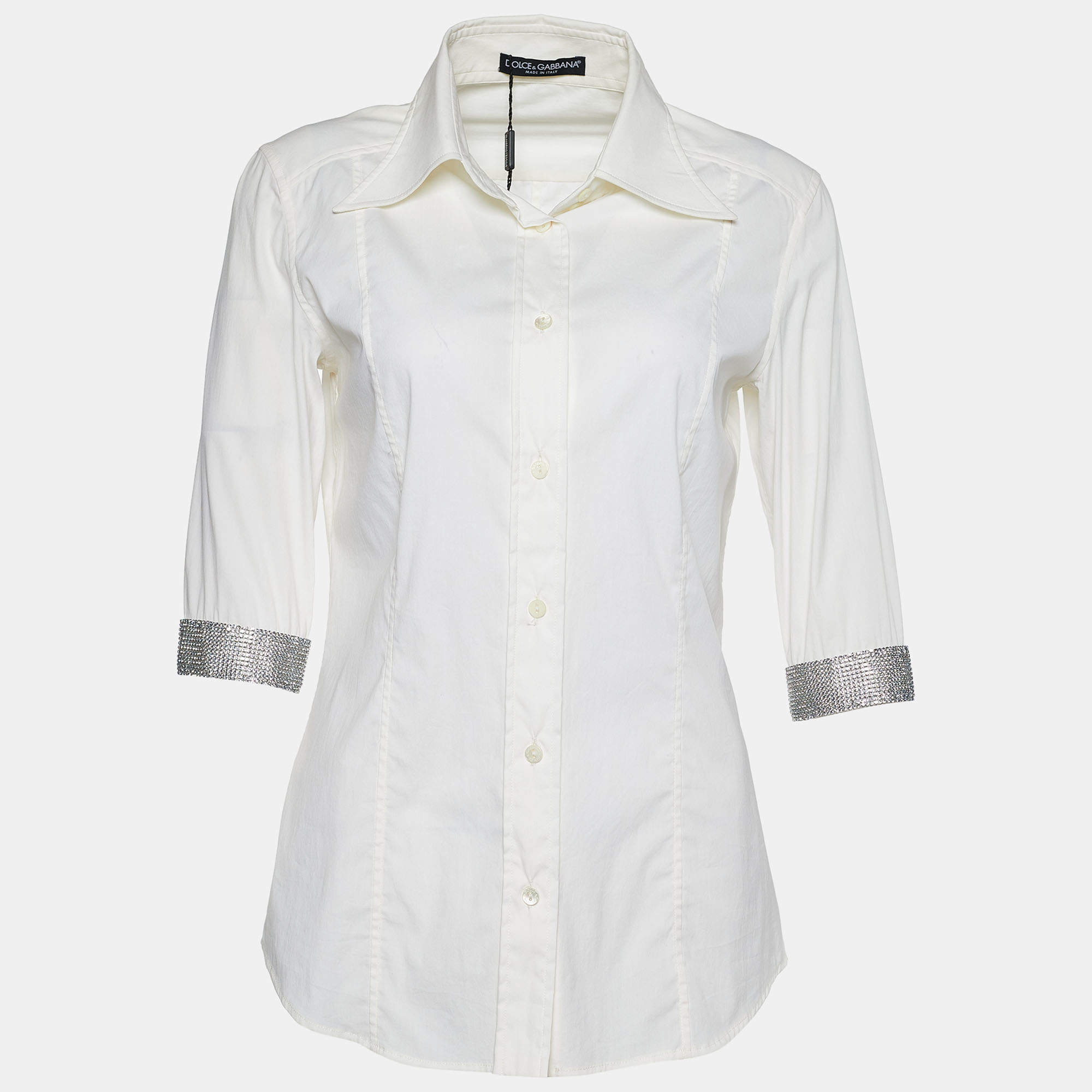 Pre Owned Dolce & Gabbana White Cotton Crystal Embellished Cuff Detail Shirt S