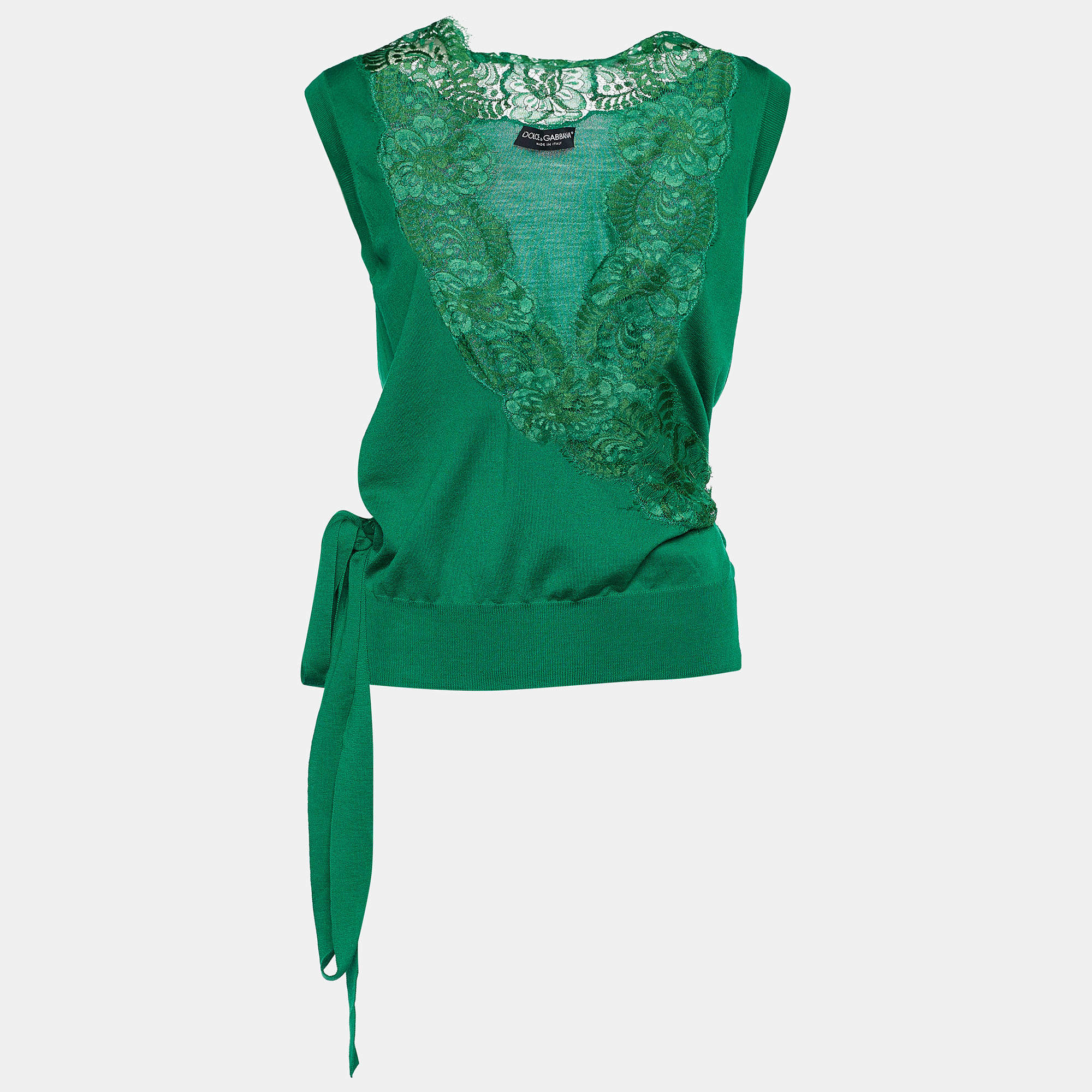 Pre Owned Dolce & Gabbana Green Knit & Lace Trimmed Sleeveless Wrap Cardigan M