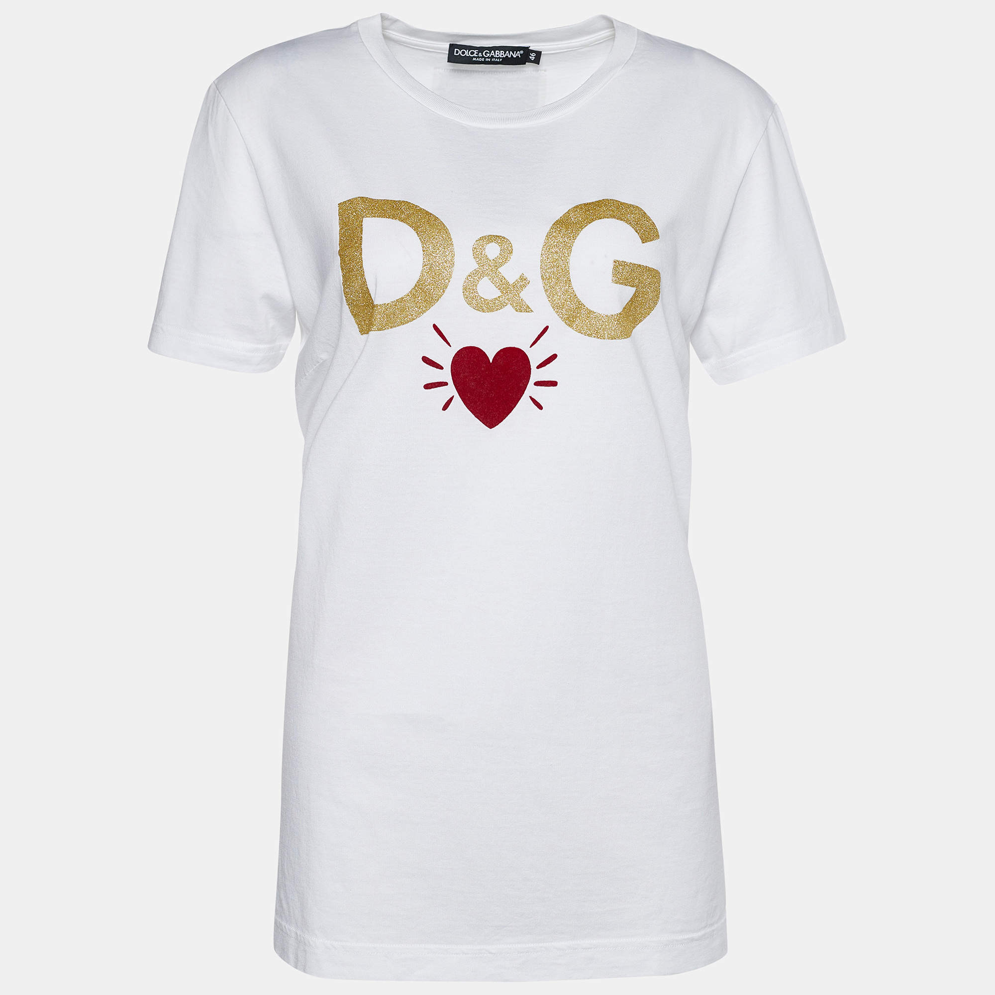 Pre Owned Dolce & Gabbana White Jersey Heart & Logo Print T-Shirt L