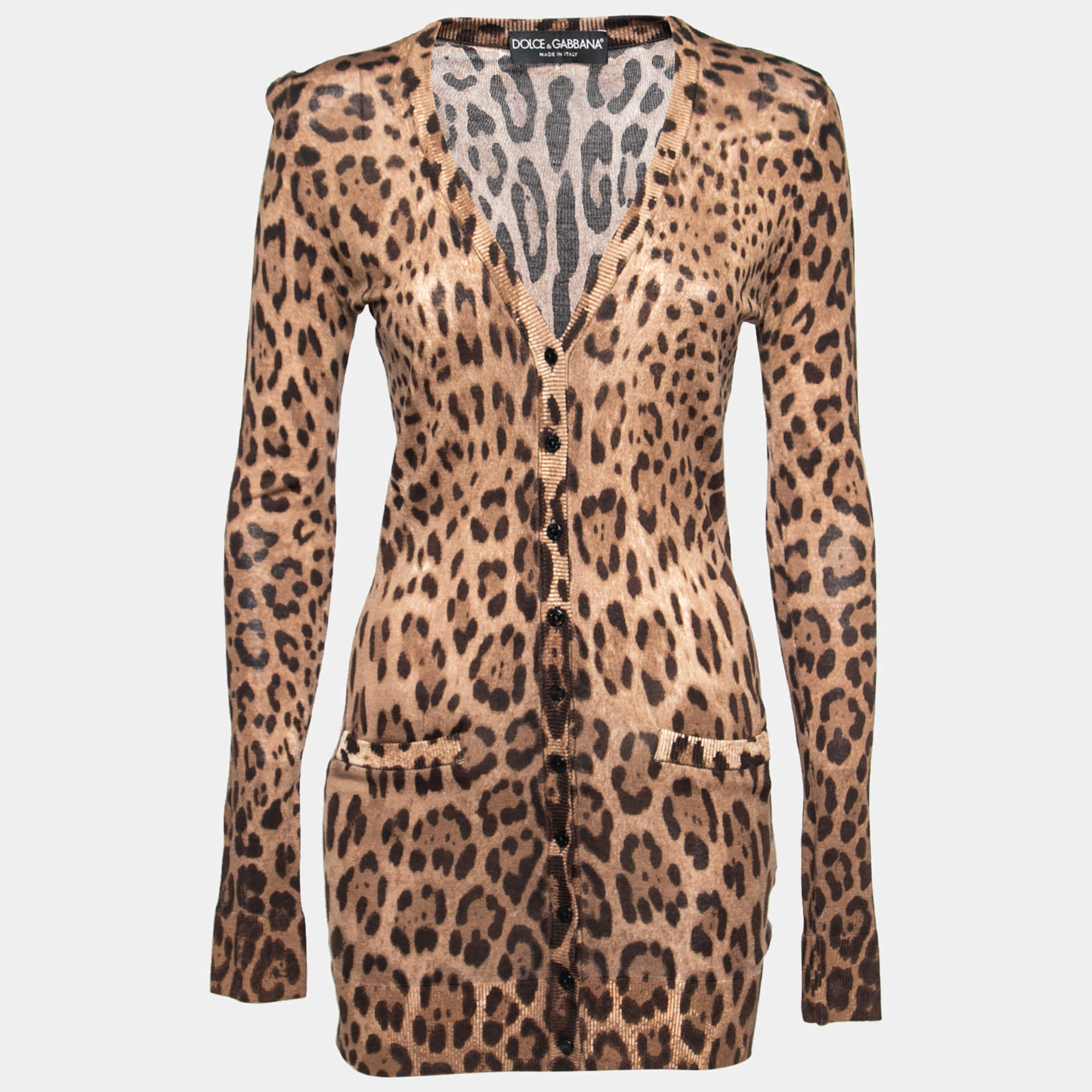 Pre Owned Dolce & Gabbana Brown Animal Printed Wool Button Front Long Cardigan S