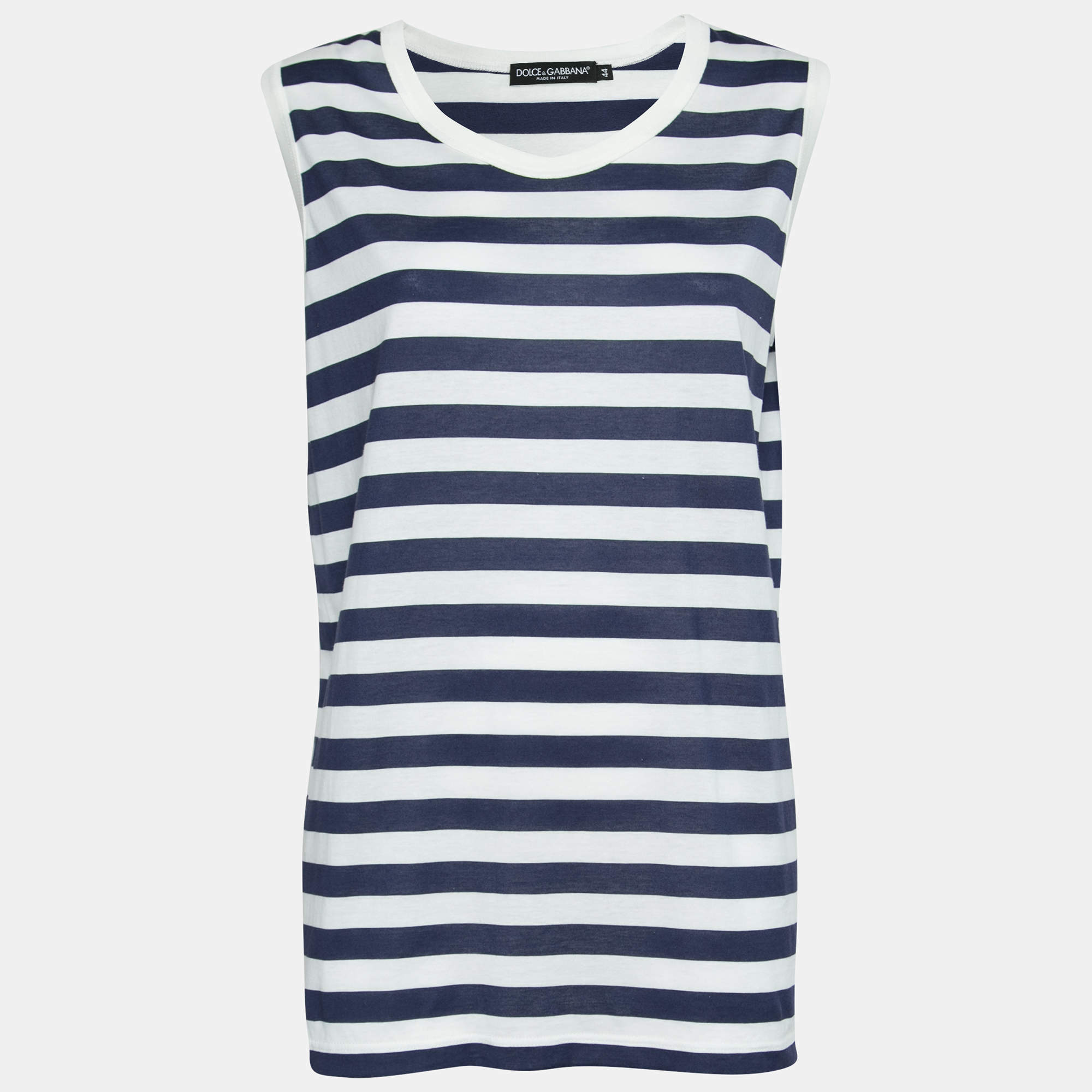 Pre Owned Dolce & Gabbana White & Blue Striped Cotton Tank Top M