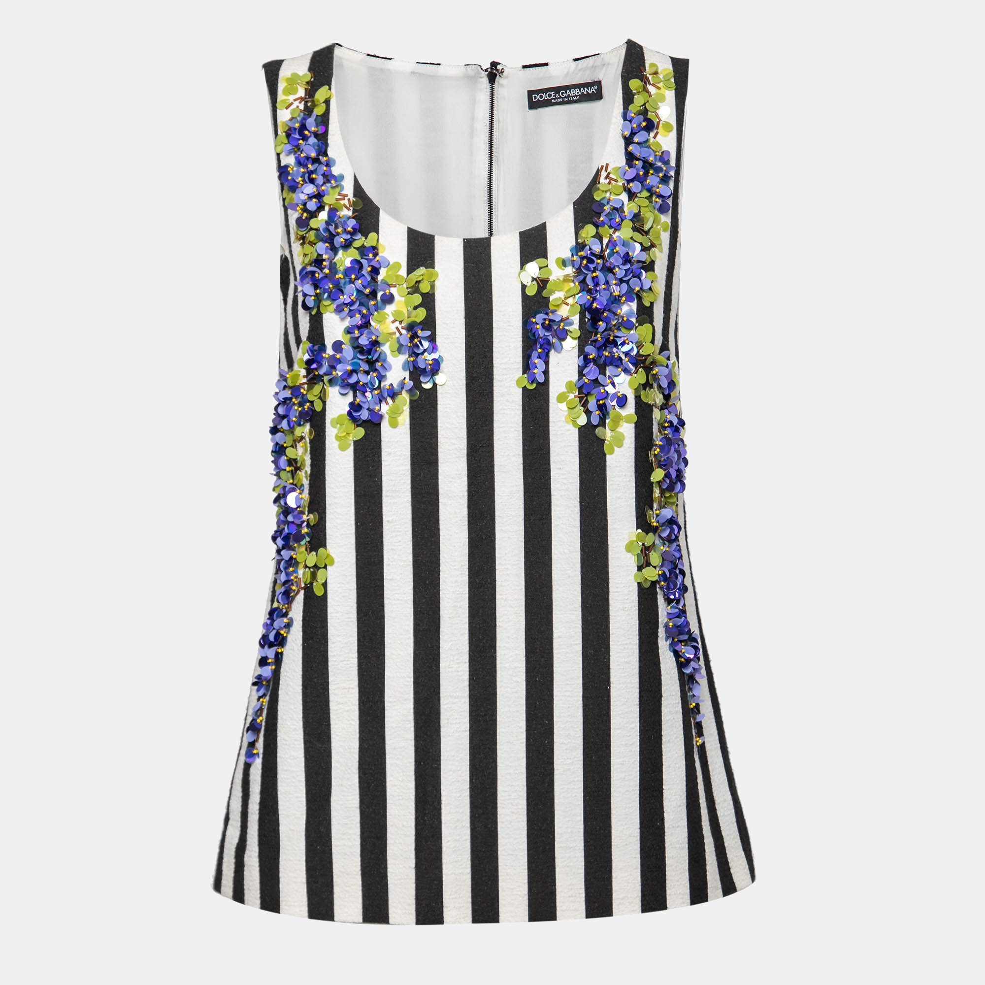 Pre Owned توب دولتشي أند غابانا مونوكروم مخطط مزخرف بترصيع صغير براق بدون أكمام مقاس صغير