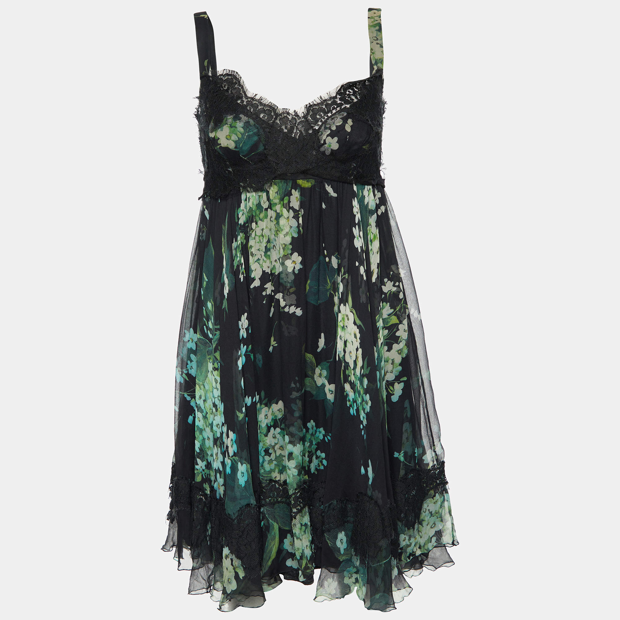 Pre Owned Dolce & Gabbana Black/Green Floral Print Silk Blend Sleeveless Dress S