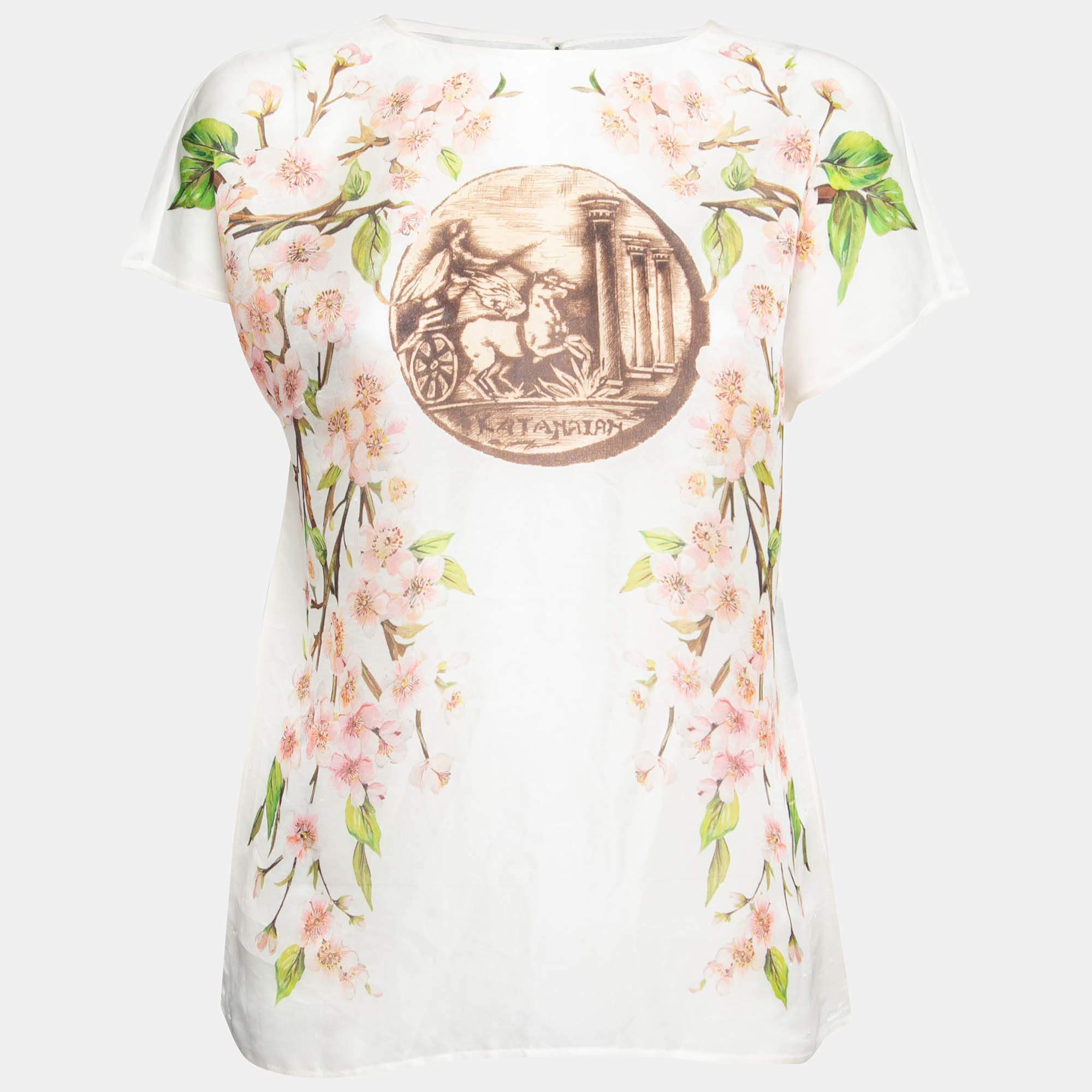 Pre Owned Dolce & Gabbana White Floral Printed Sheer Silk Top M