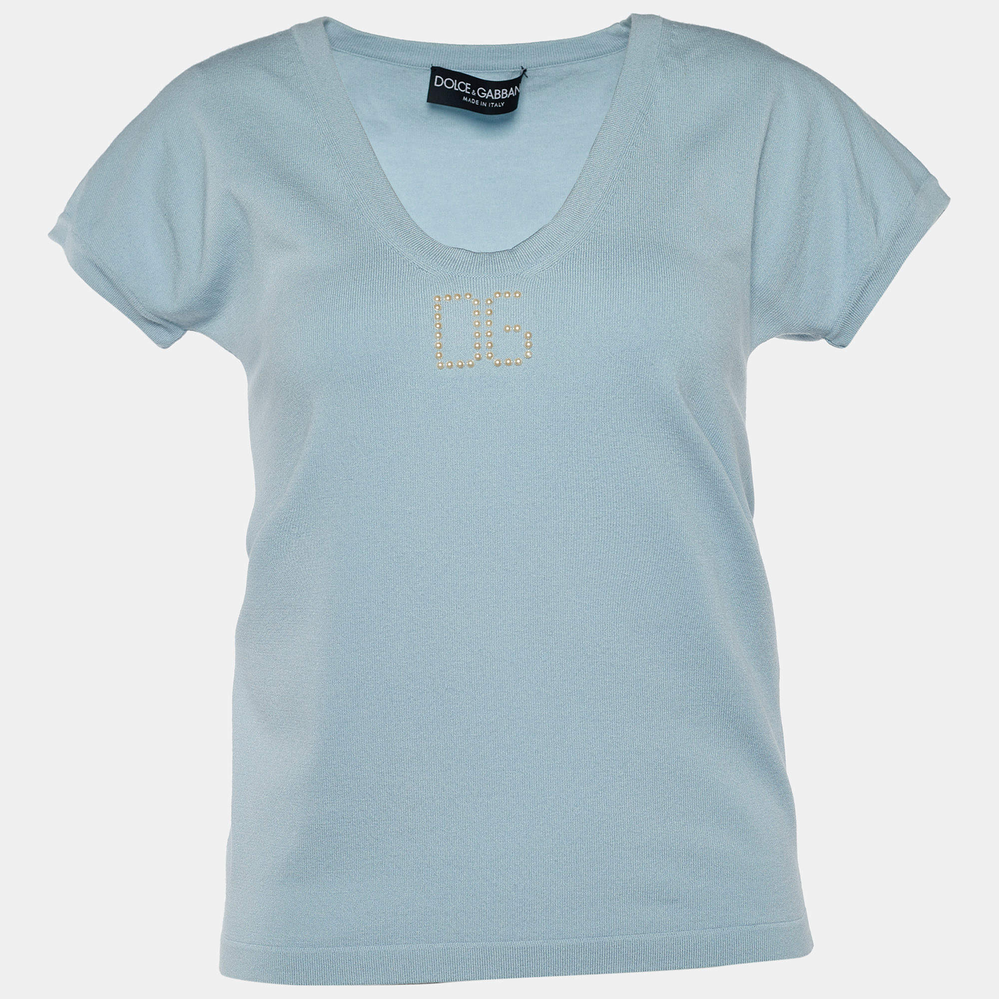 Pre Owned توب دولتشي آند غابانا تريكو أزرق فاتح مزخرف بالشعار مقاس متوسط - ميديوم