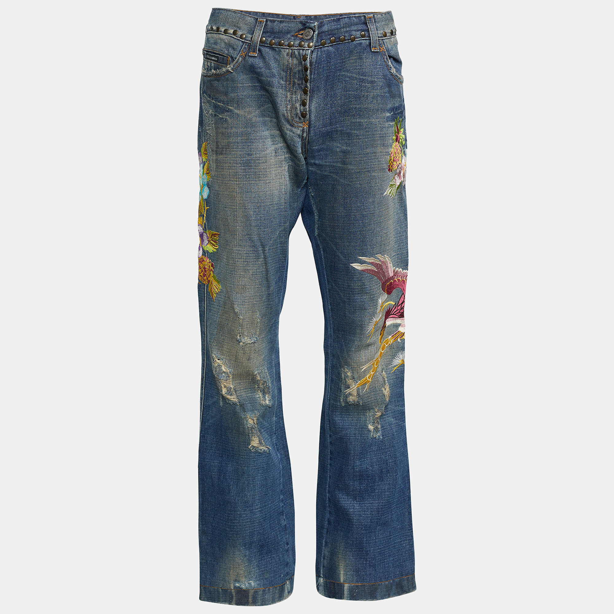Pre Owned Dolce & Gabbana Blue Denim Embroidered Straight Fit Jeans M/Waist - 33.5"