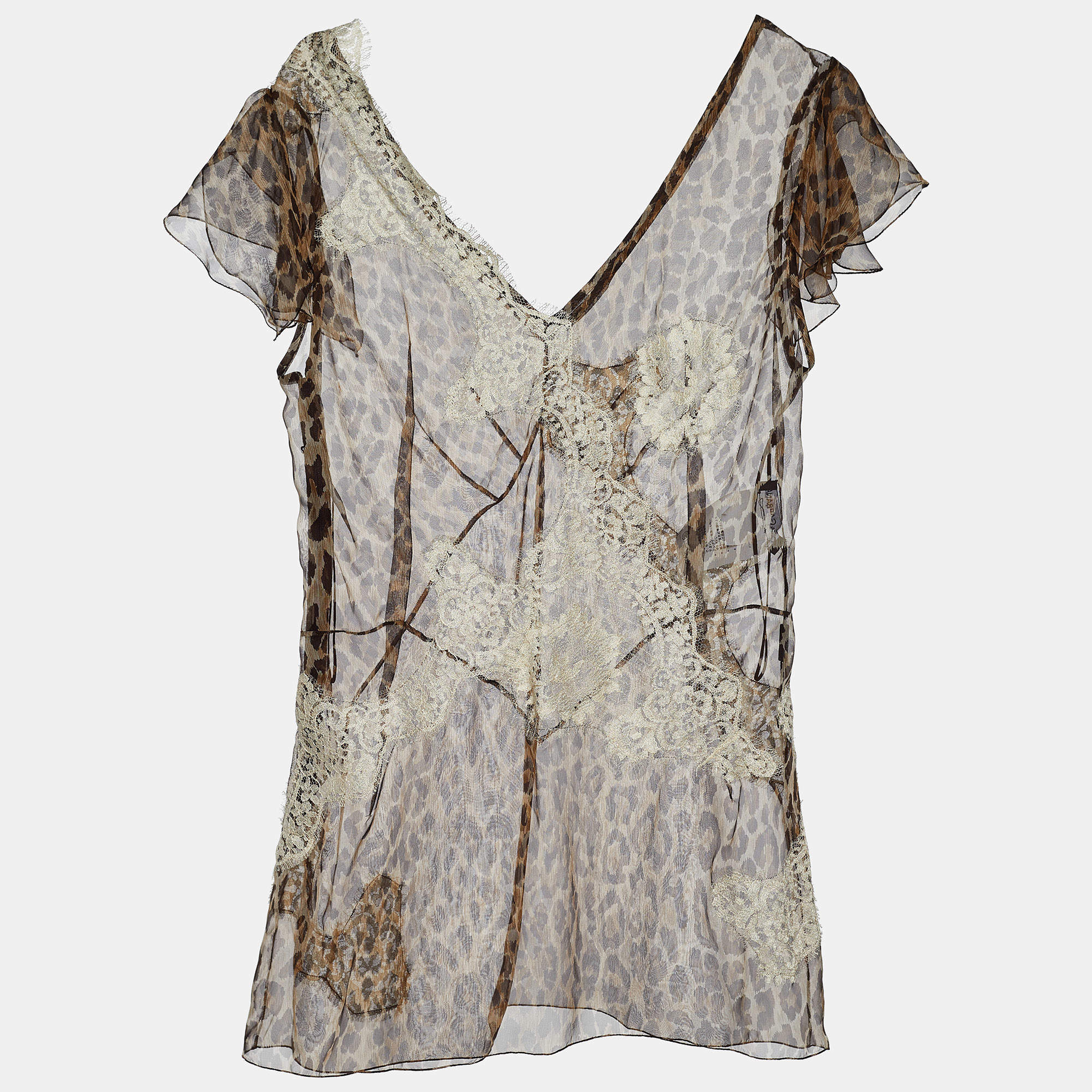 Pre Owned Dolce & Gabbana Brown Animal Print Silk Lace Trim Sheer Top L