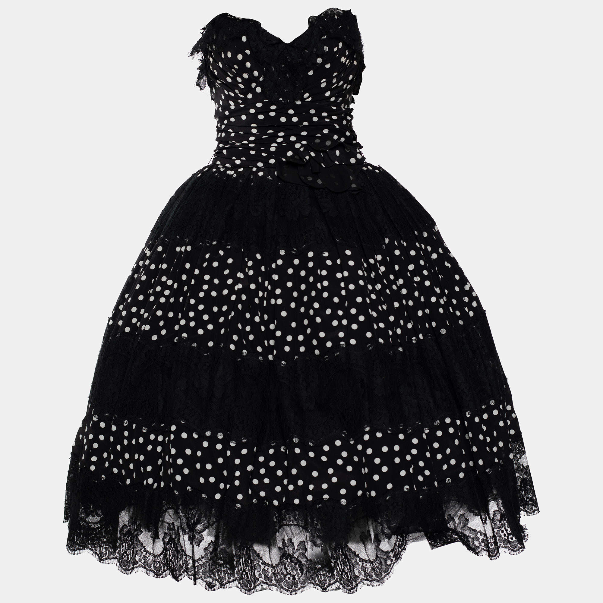 Pre Owned Dolce & Gabbana Black/White Polka Dot Silk Paneled Strapless Dress M