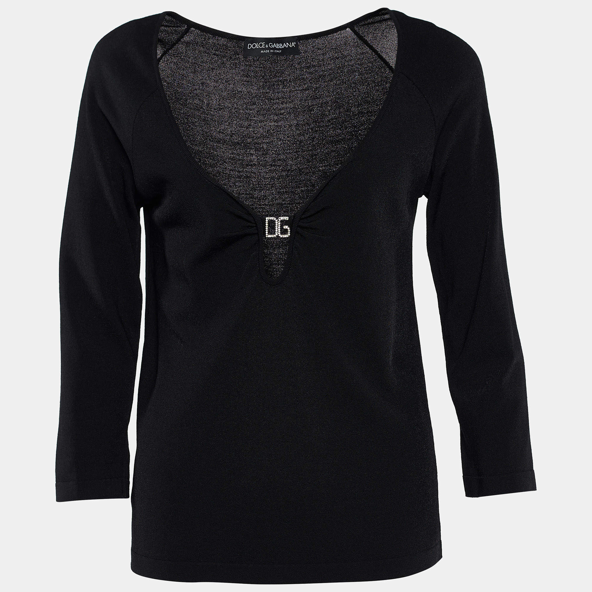 Pre Owned Dolce & Gabbana Black Knit Logo Detail Long Sleeve Top M