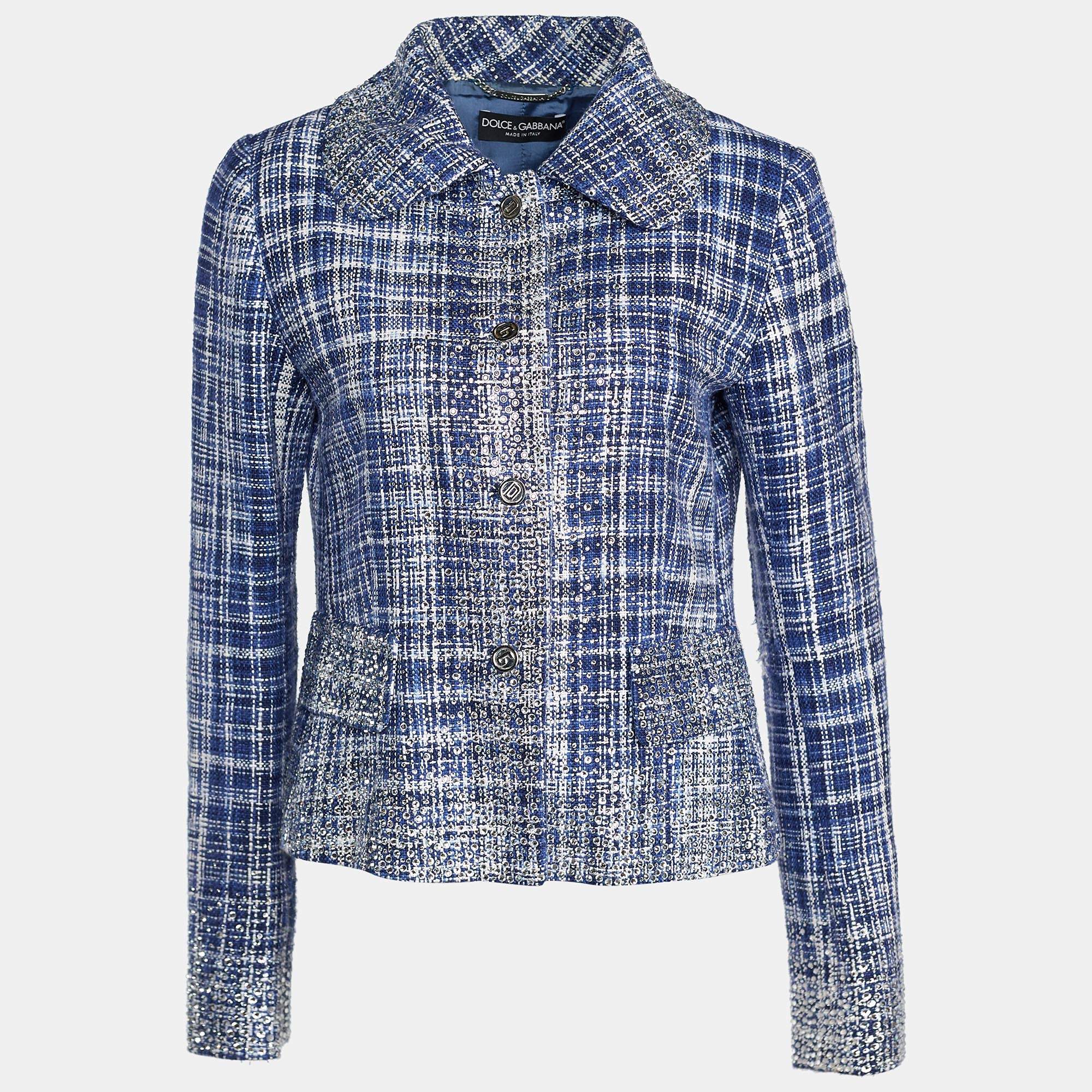مملوكة مسبقًا بليزر دولتشي أند غابانا تويد أبيض/ أزرق أزرار أمامية مزخرفة مقاس متوسط