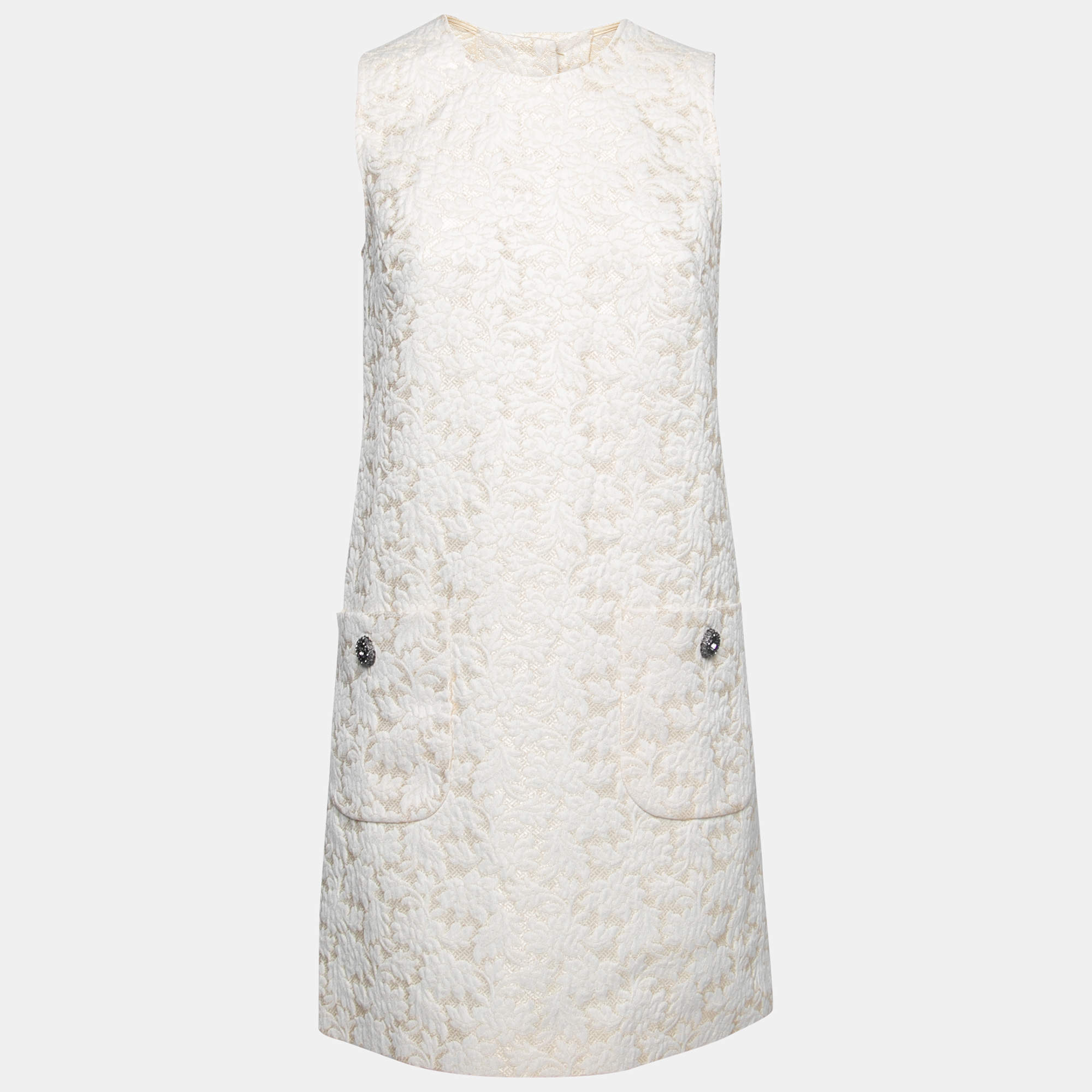 Pre Owned Dolce & Gabbana Cream Floral Embossed Jacquard Sleeveless Dress M