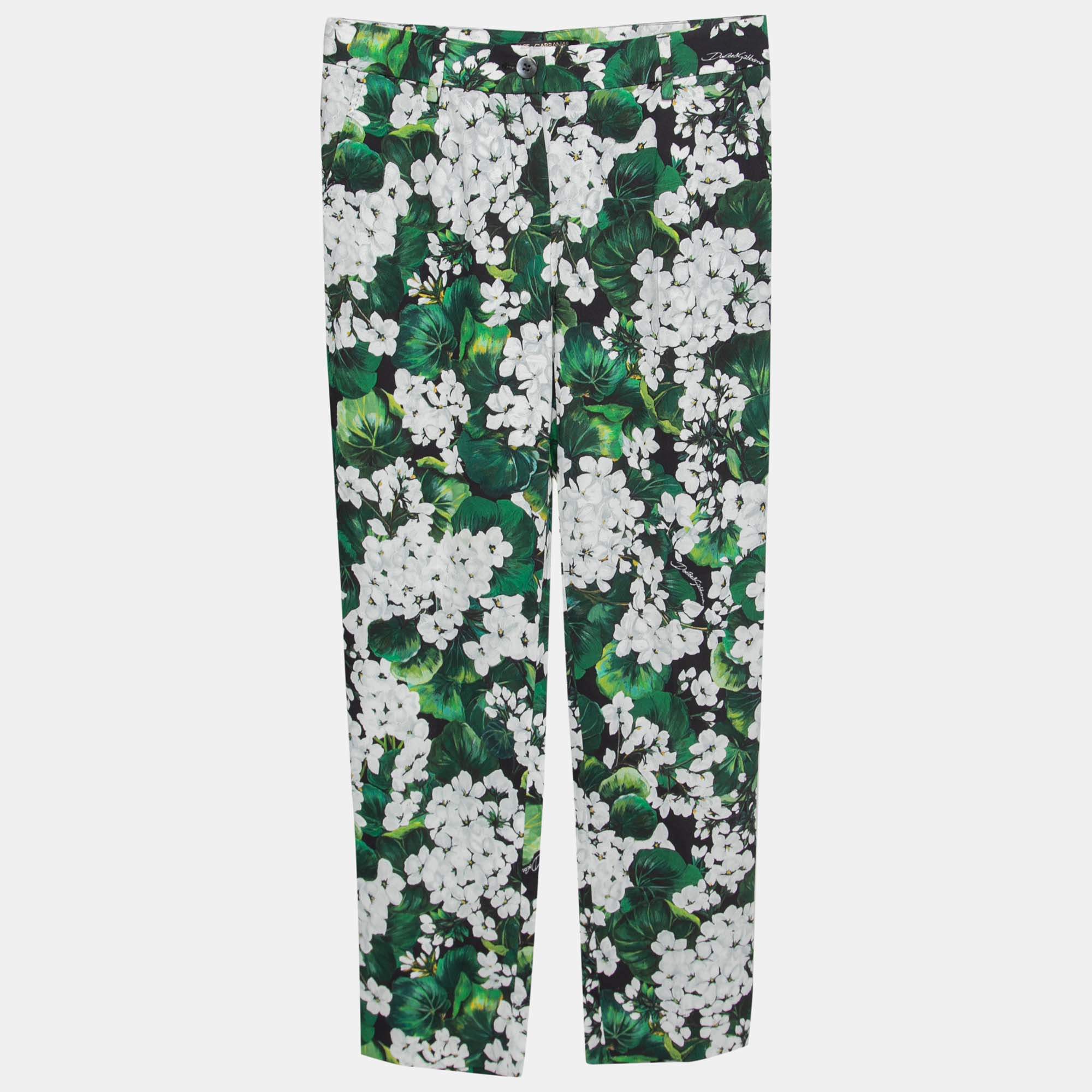 Pre Owned بنطلون دولتشي أند غابانا كريب طباعة موردة أخضر مقاس صغير - سمول