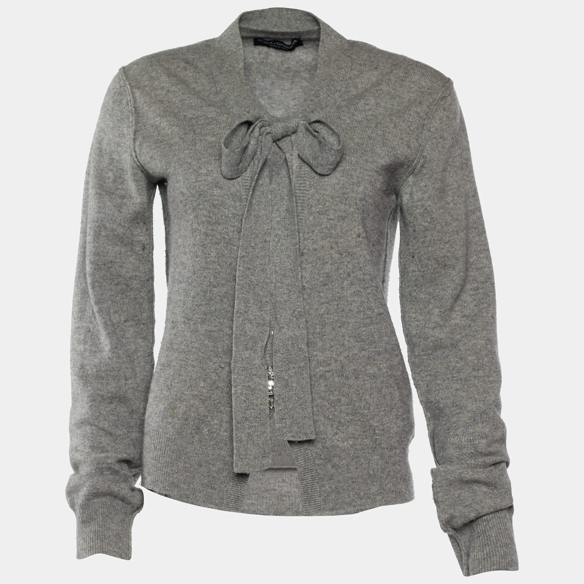 Pre Owned Dolce & Gabbana Grey Knit Tie Crystal Embellished Cardigan M