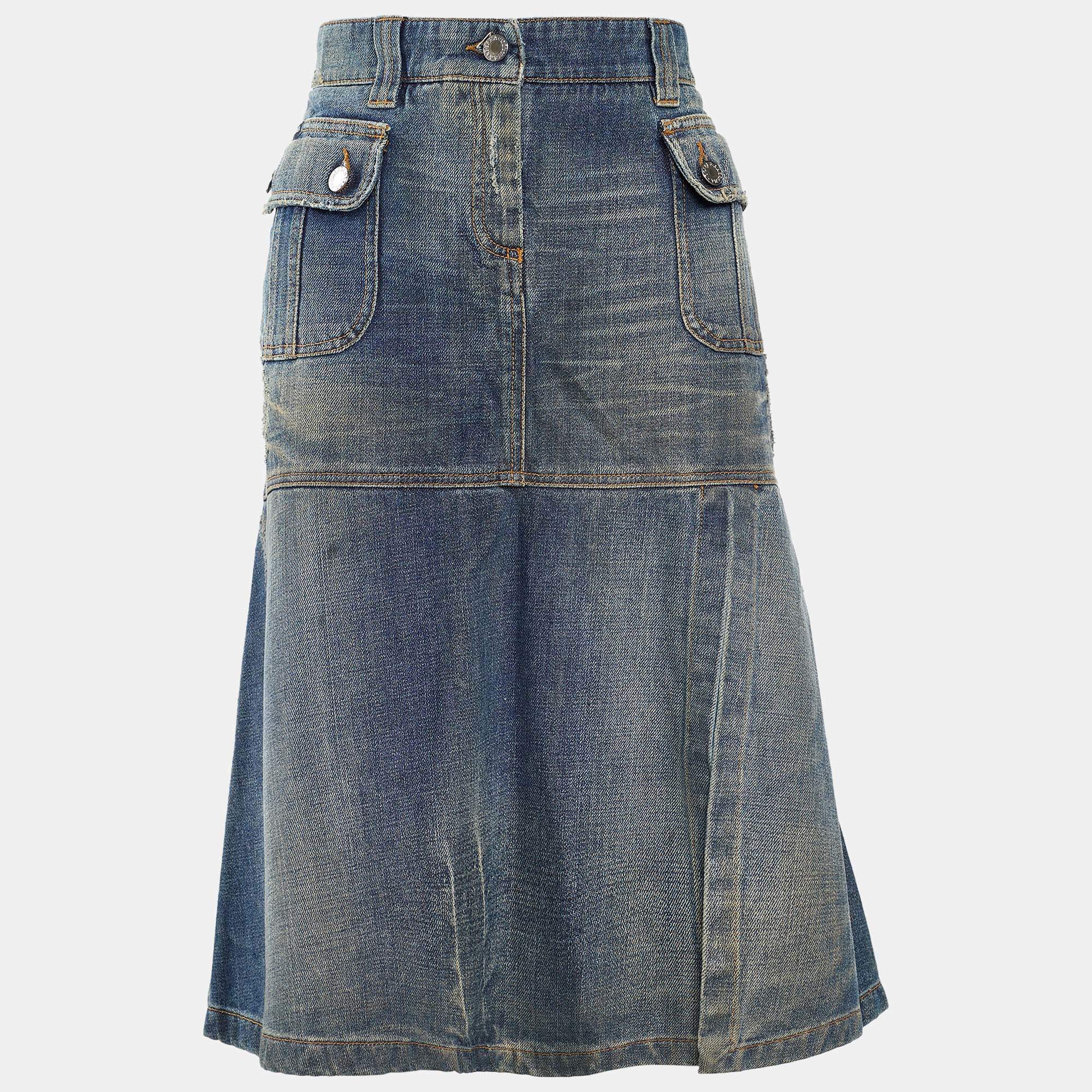 Pre Owned Dolce & Gabbana Blue Denim Buttoned Pocket Skirt L
