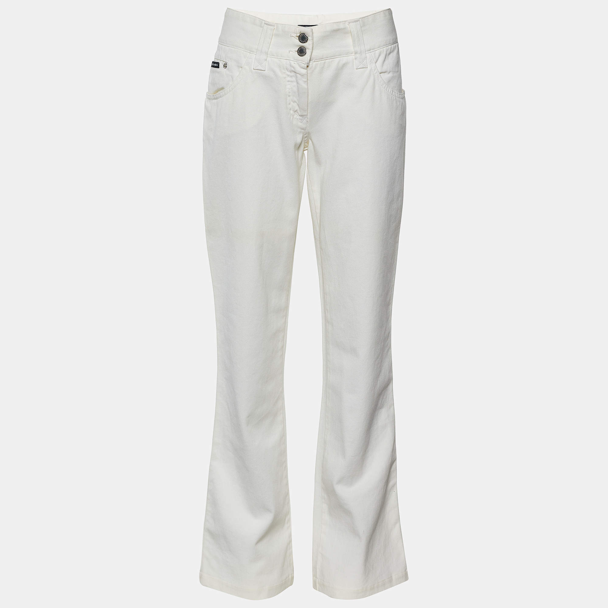 مملوكة مسبقًا Dolce & Gabbana Cream Denim Pocket Embellished Boot Cut Jeans L/Waist 32"