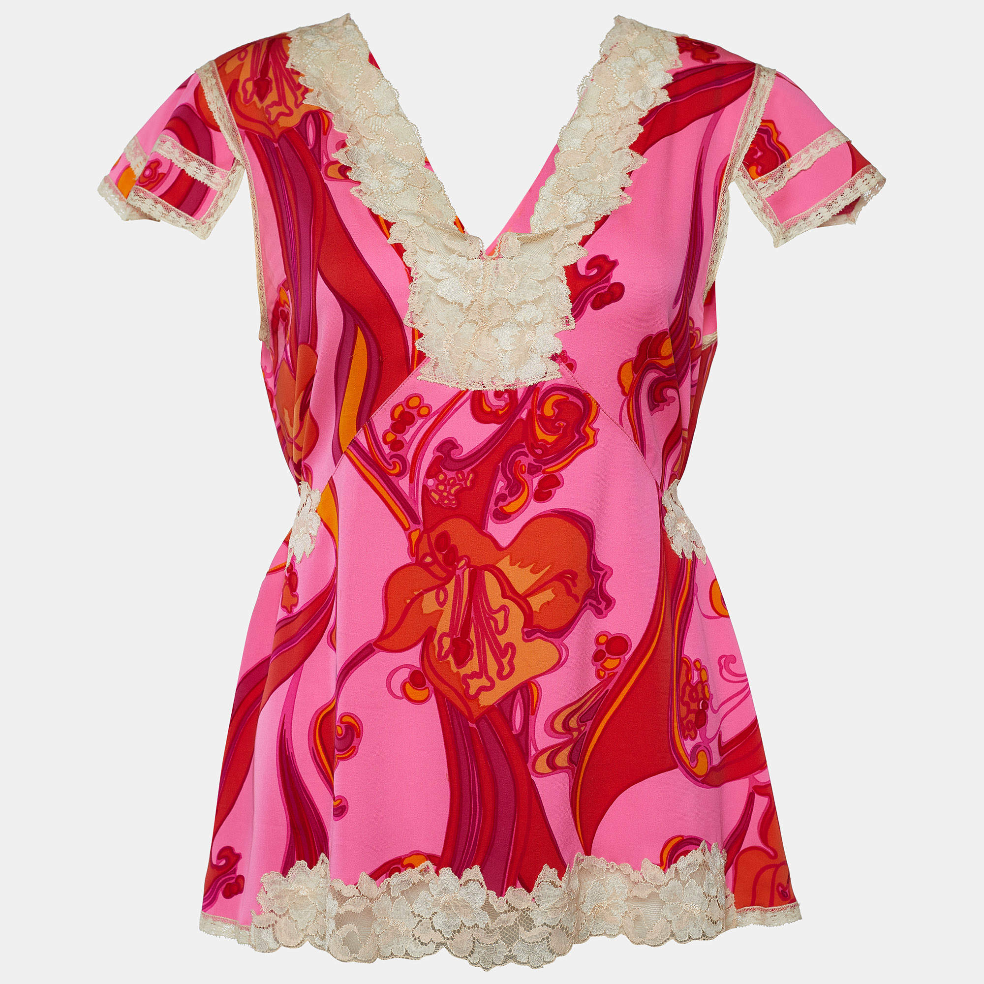 Pre Owned Dolce & Gabbana Pink Printed Silk Lace Trim Top M