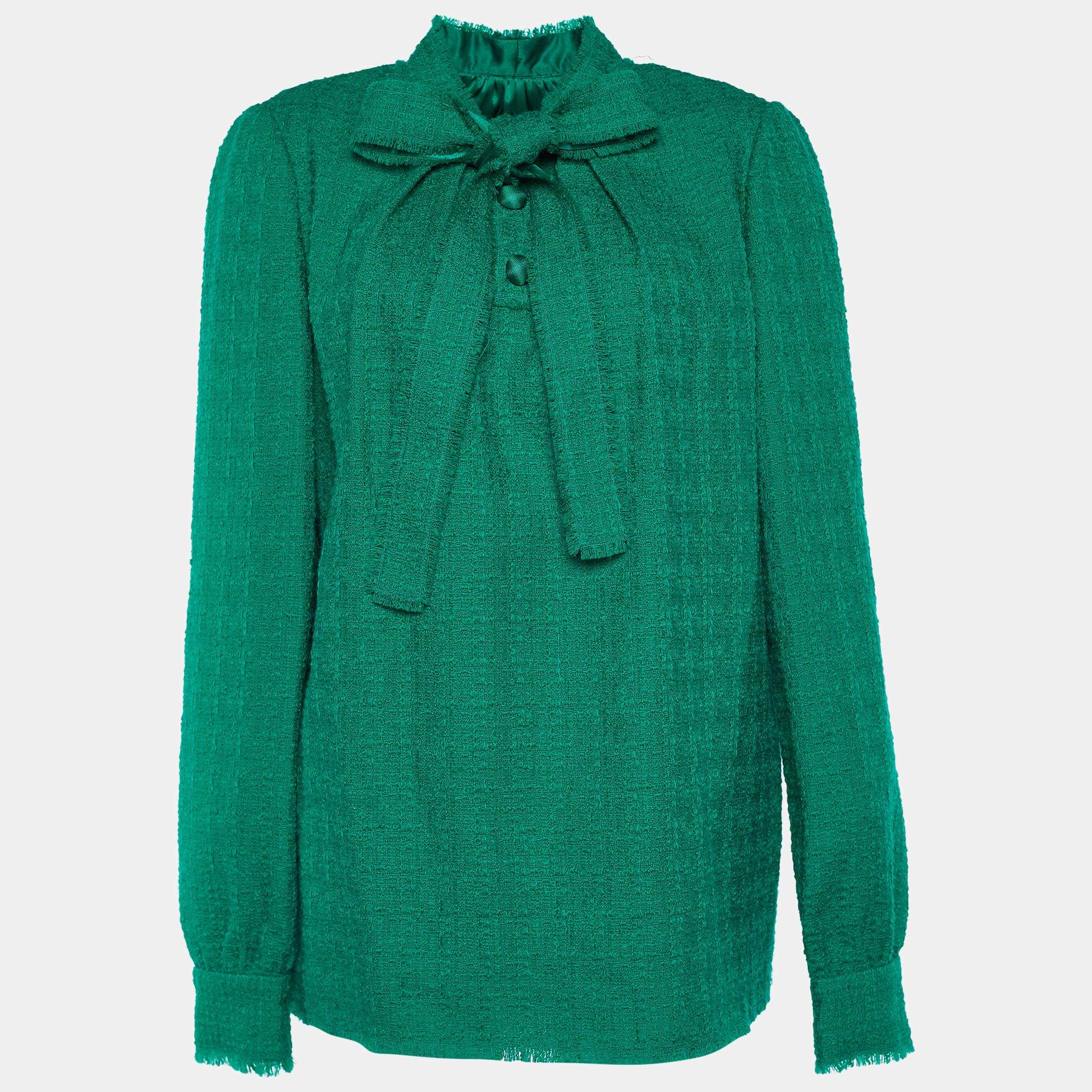 Dolce & Gabbana Green Tweed Bow Tie Neck Blouse L