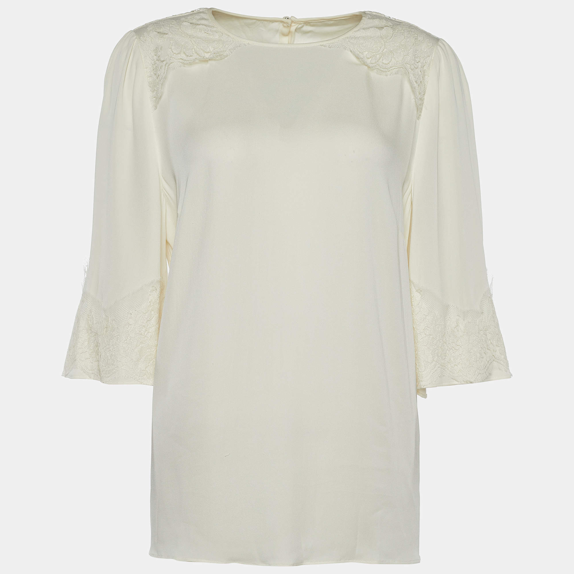 Pre Owned Dolce & Gabbana Cream Silk Blend Lace Trim Blouse L