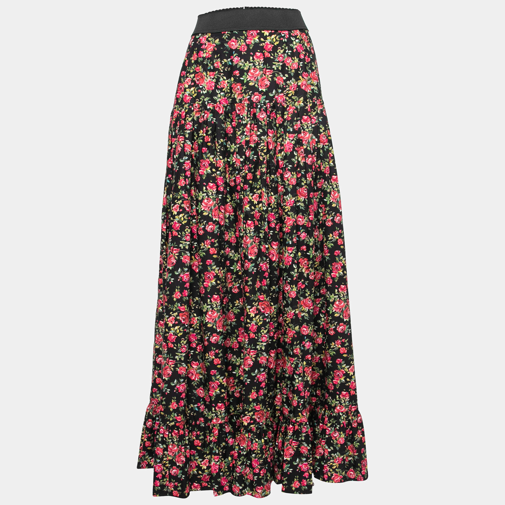 Pre Owned تنورة ماكسي دولتشي أند غابانا قطن مطبوع أسود مورد بحواف مكشكشة مقاس كبير - لارج