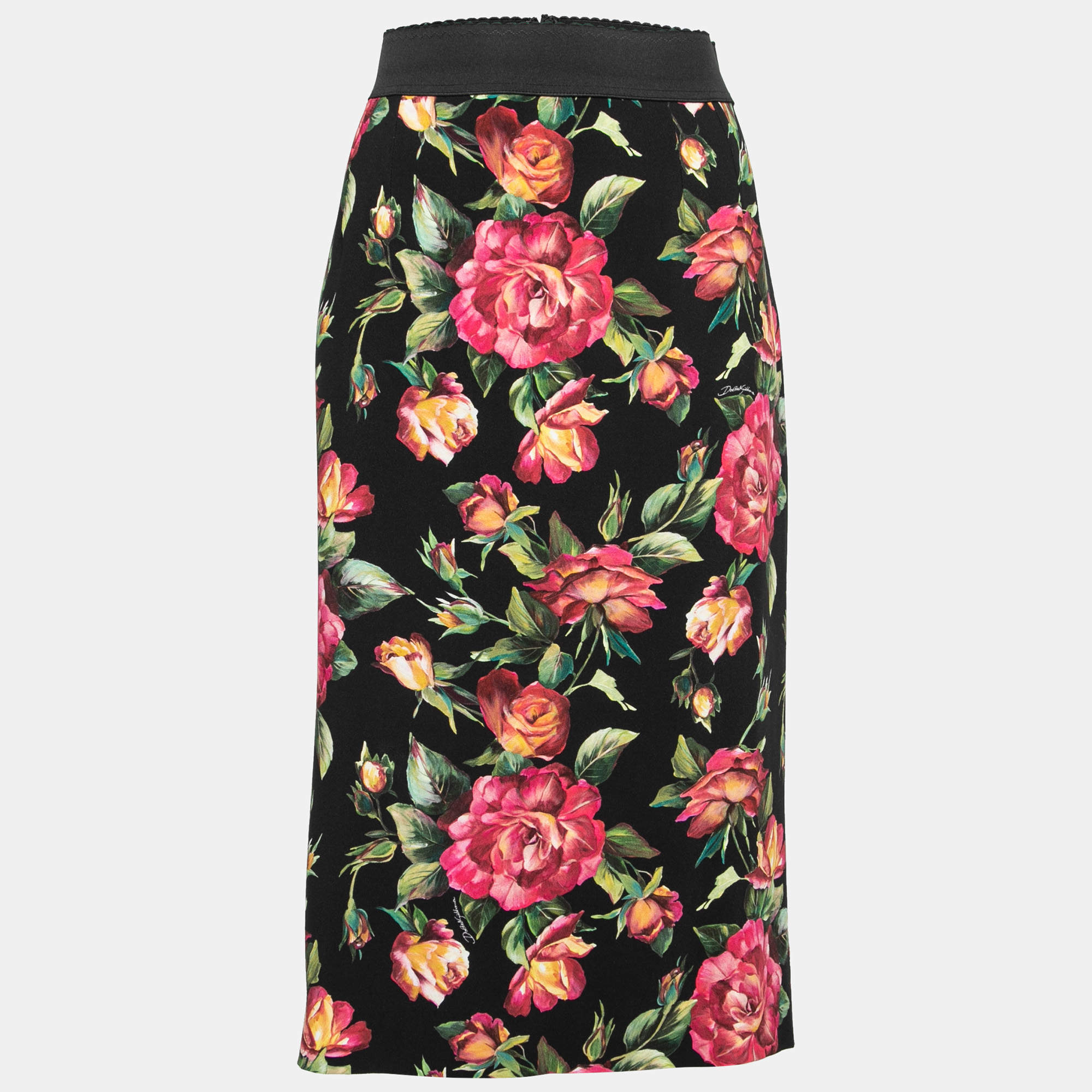 Dolce & Gabbana Black Rose Printed Crepe Midi Skirt L