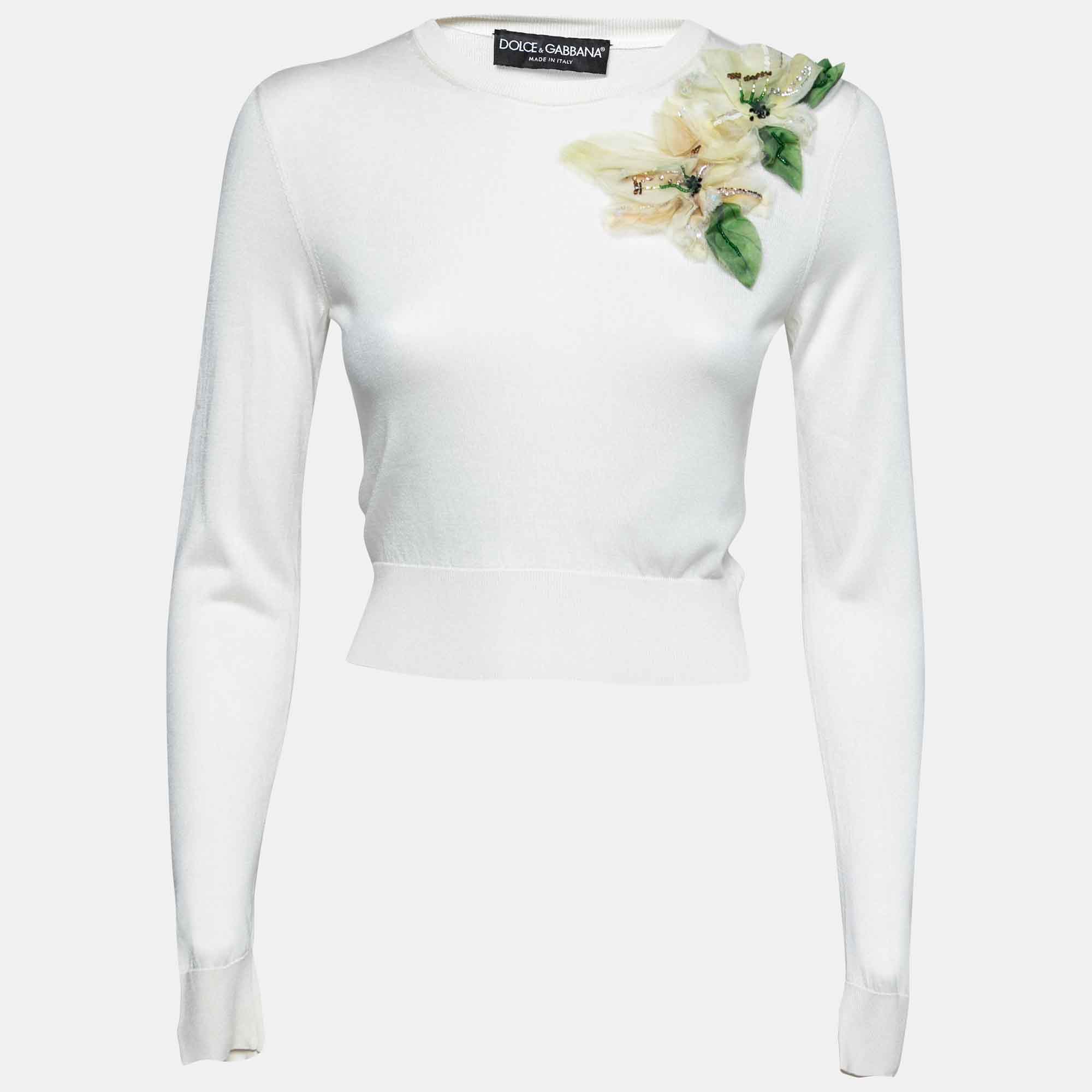 Pre Owned Dolce & Gabbana Cream Knit Floral Appliqué Long Sleeve Sweater S