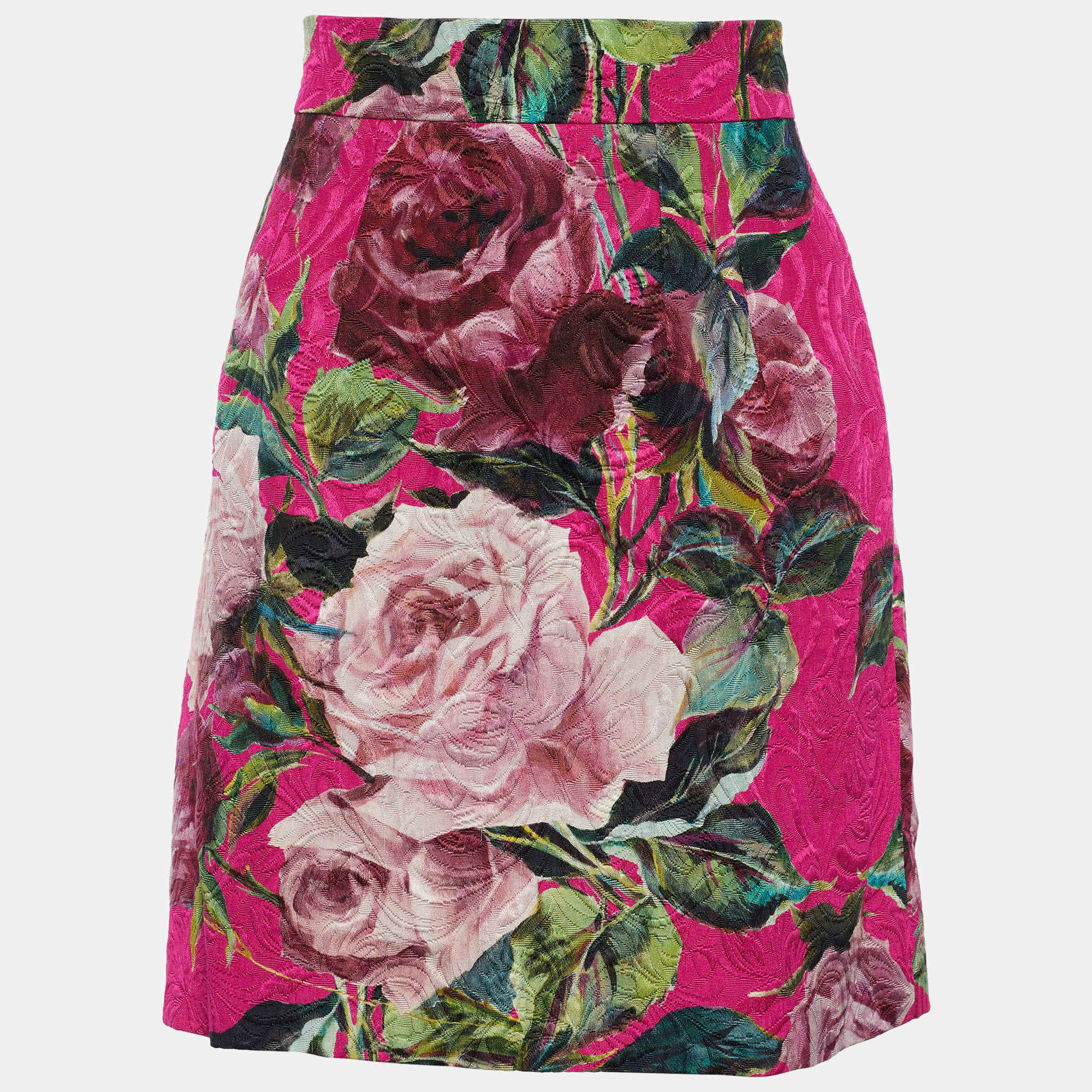 Pre Owned Dolce & Gabbana Pink Rose Print Cotton & Silk Jacquard Mini Skirt S